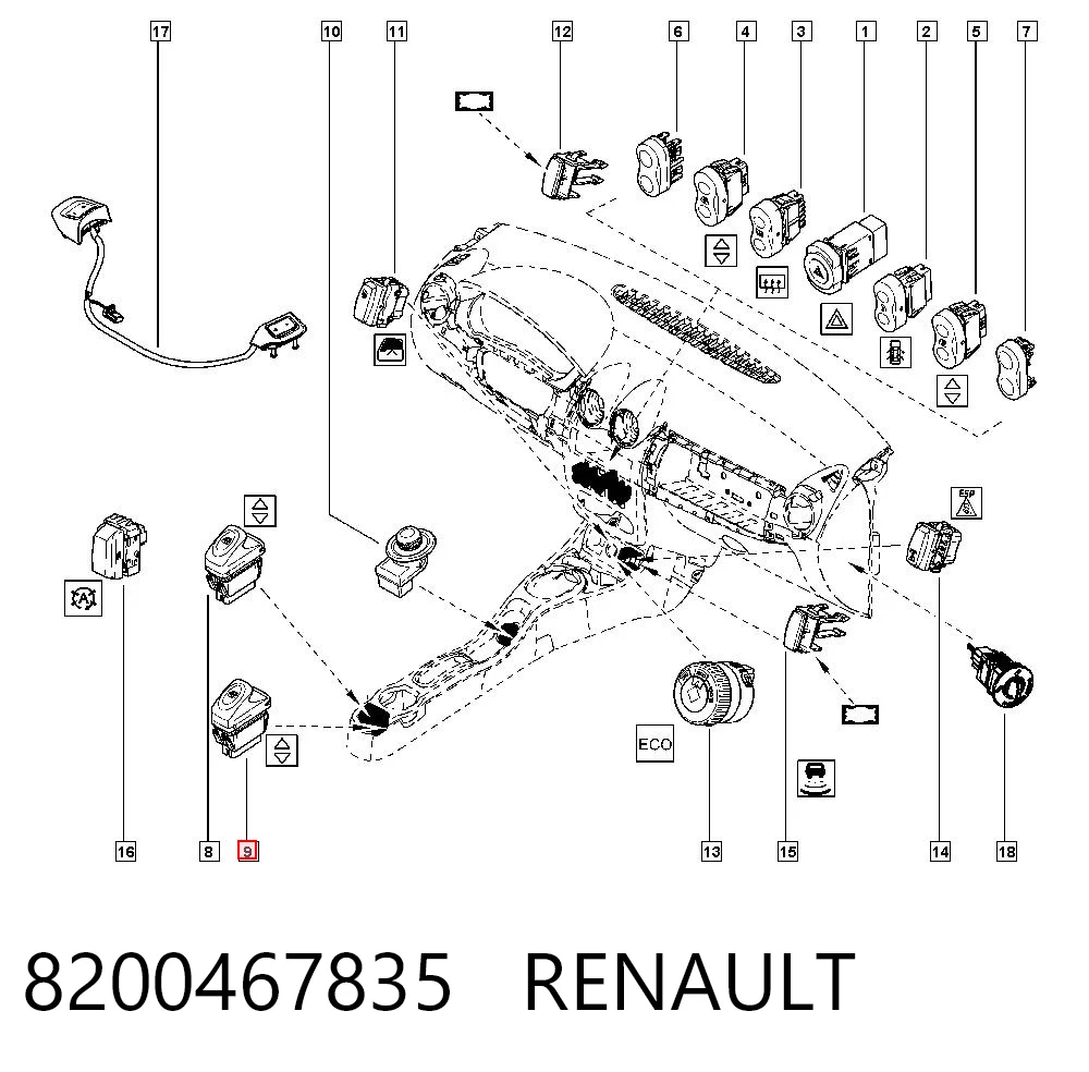 8200467835 Renault (RVI) Кнопка подъемника заднего правого стекла
