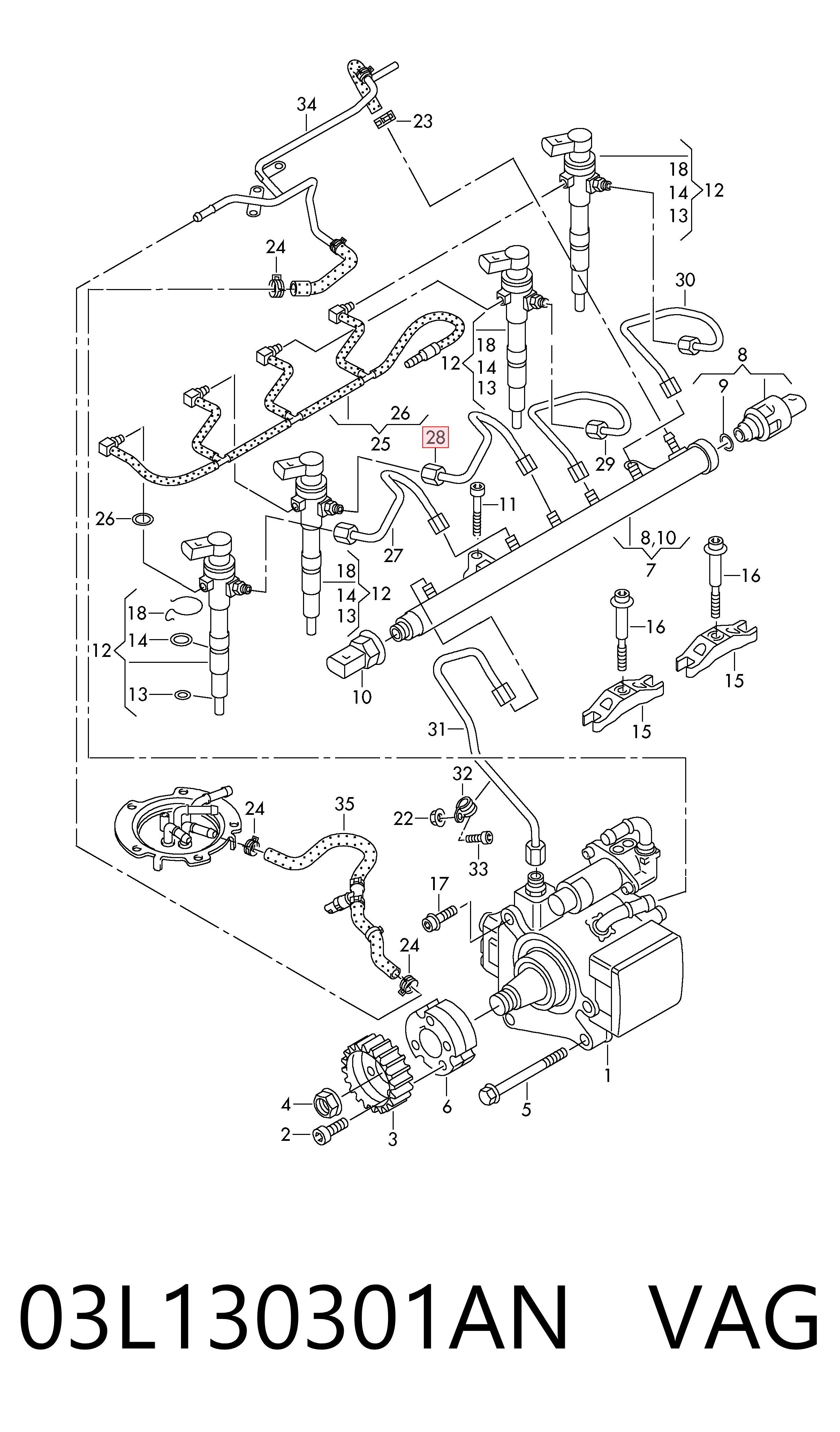 03L130301AN VAG Трубка топливная форсунки 1-го цилиндра