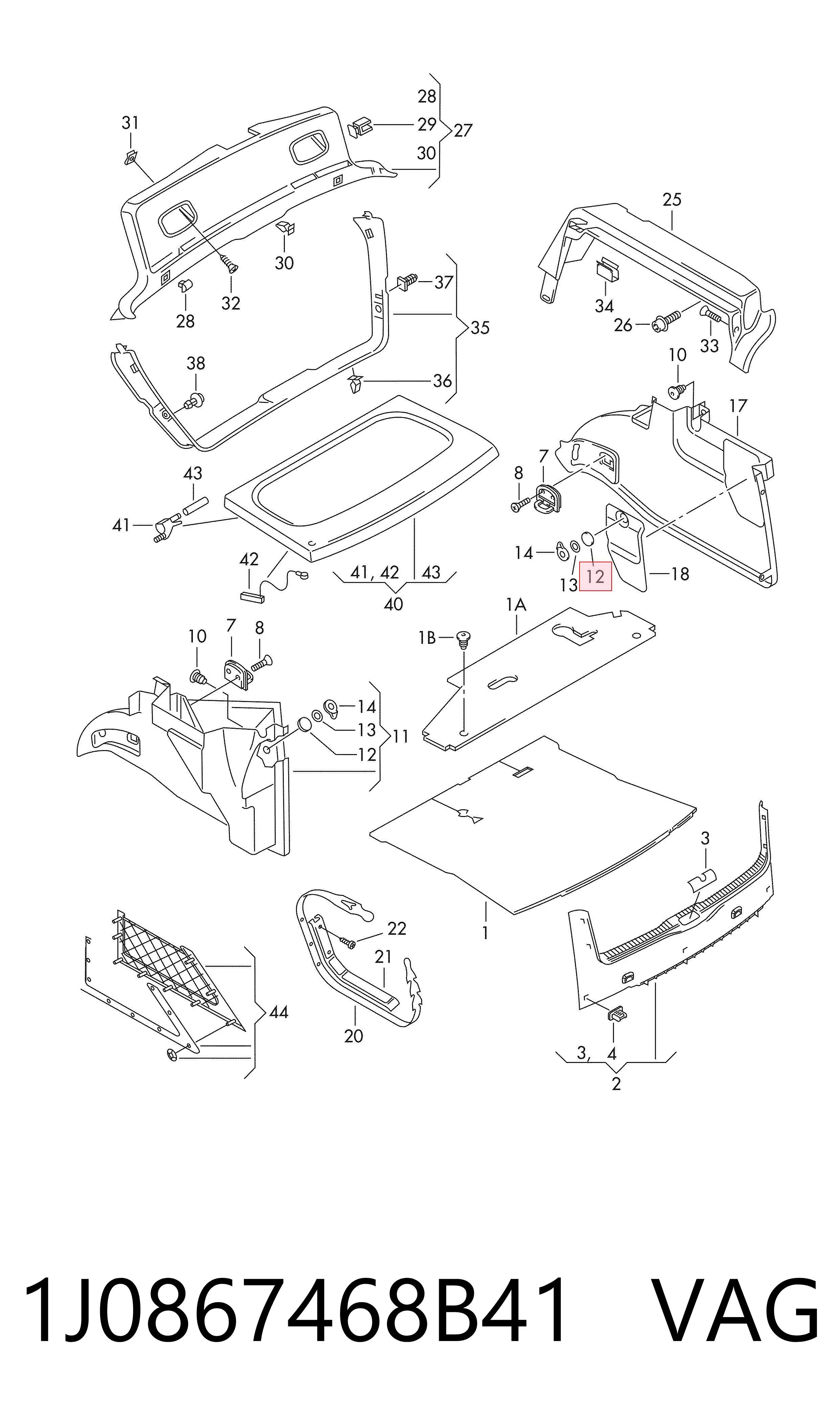1J0867468B41 VAG Пистон (клип) крепления обшивки крышки багажника