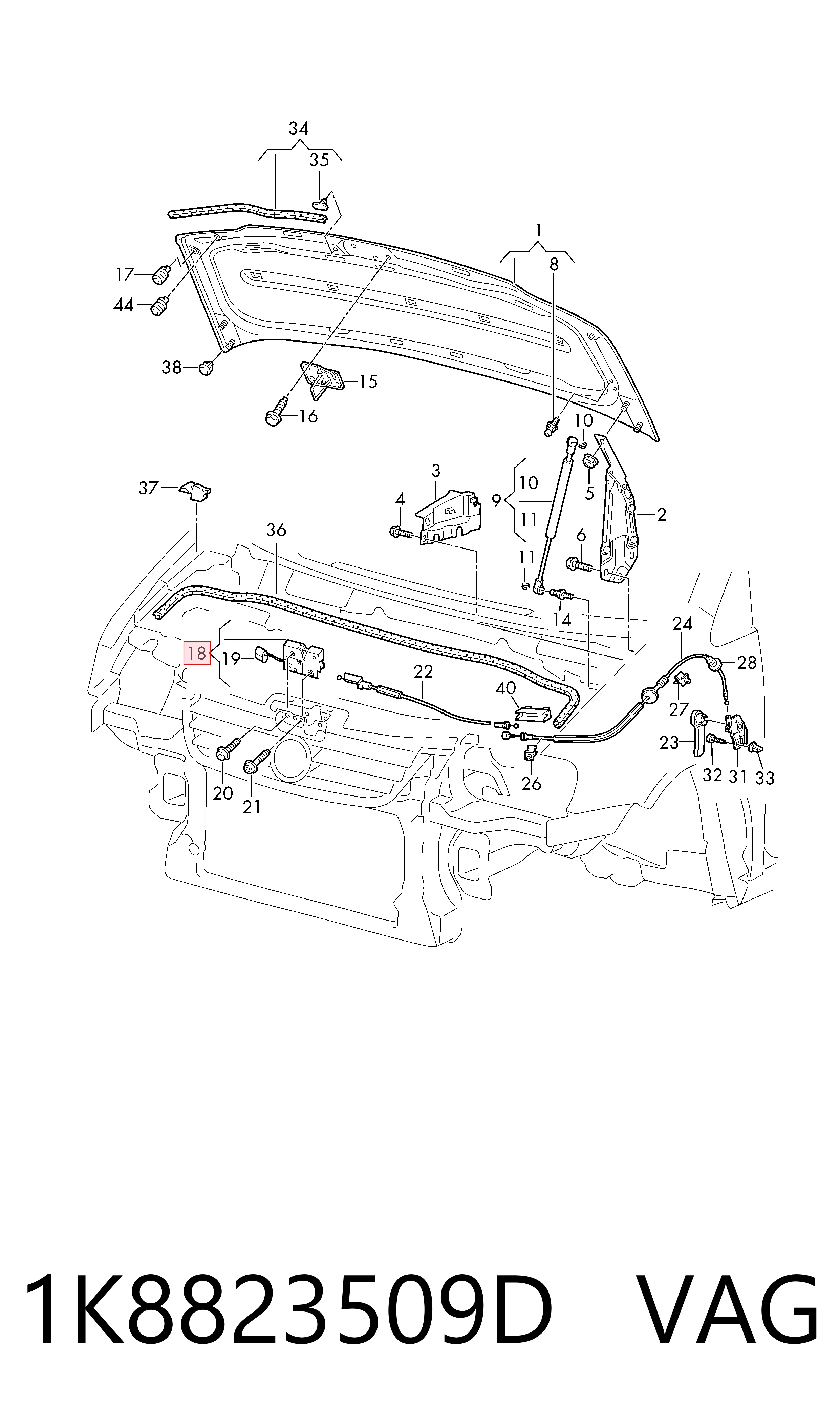 Запор капота (замок и привод замка капота) на Volkswagen Caddy III 2KB, 2KJ, 2CB, 2CJ