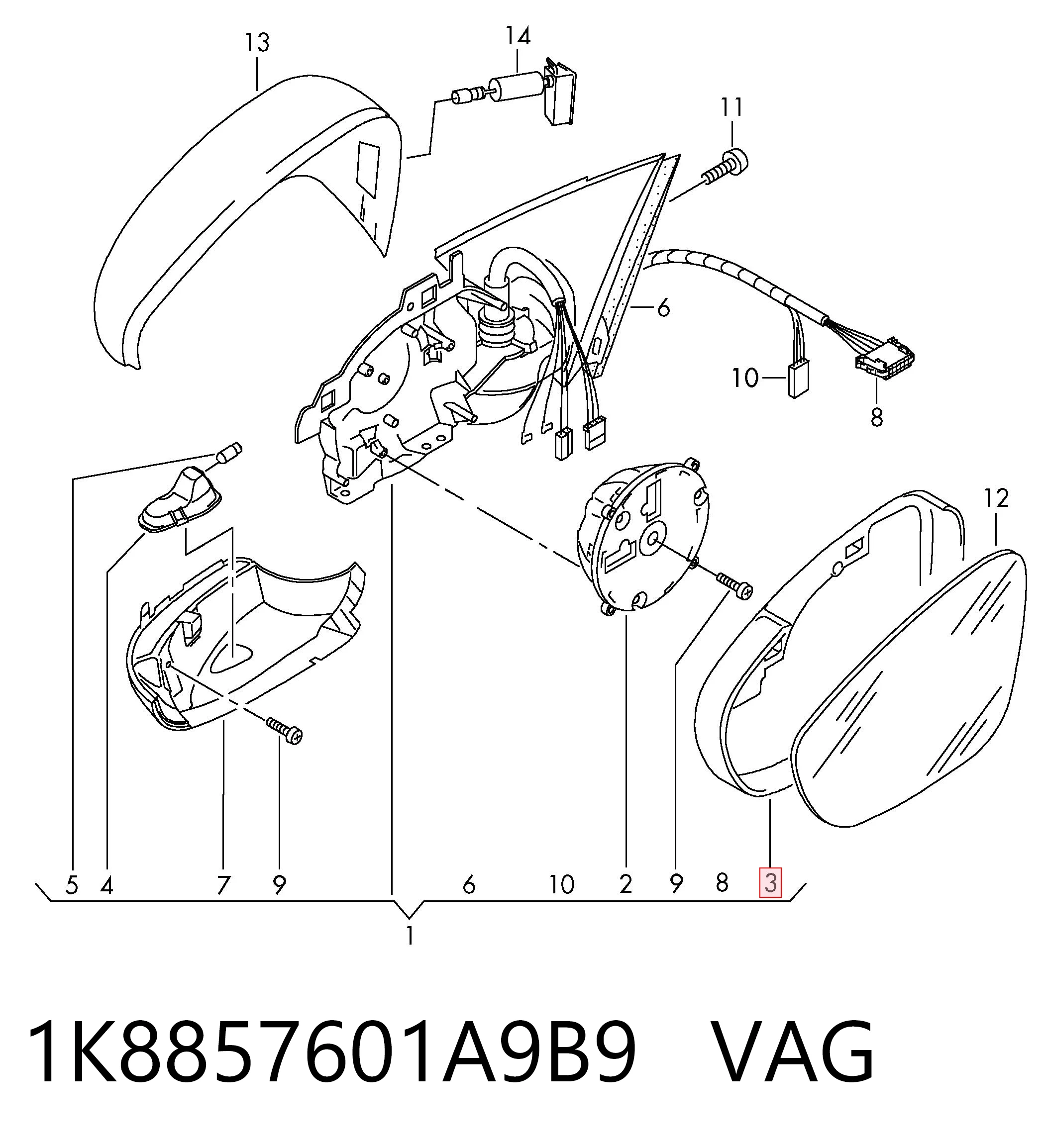 1K8857601A9B9 VAG Накладка зеркала заднего вида, левая