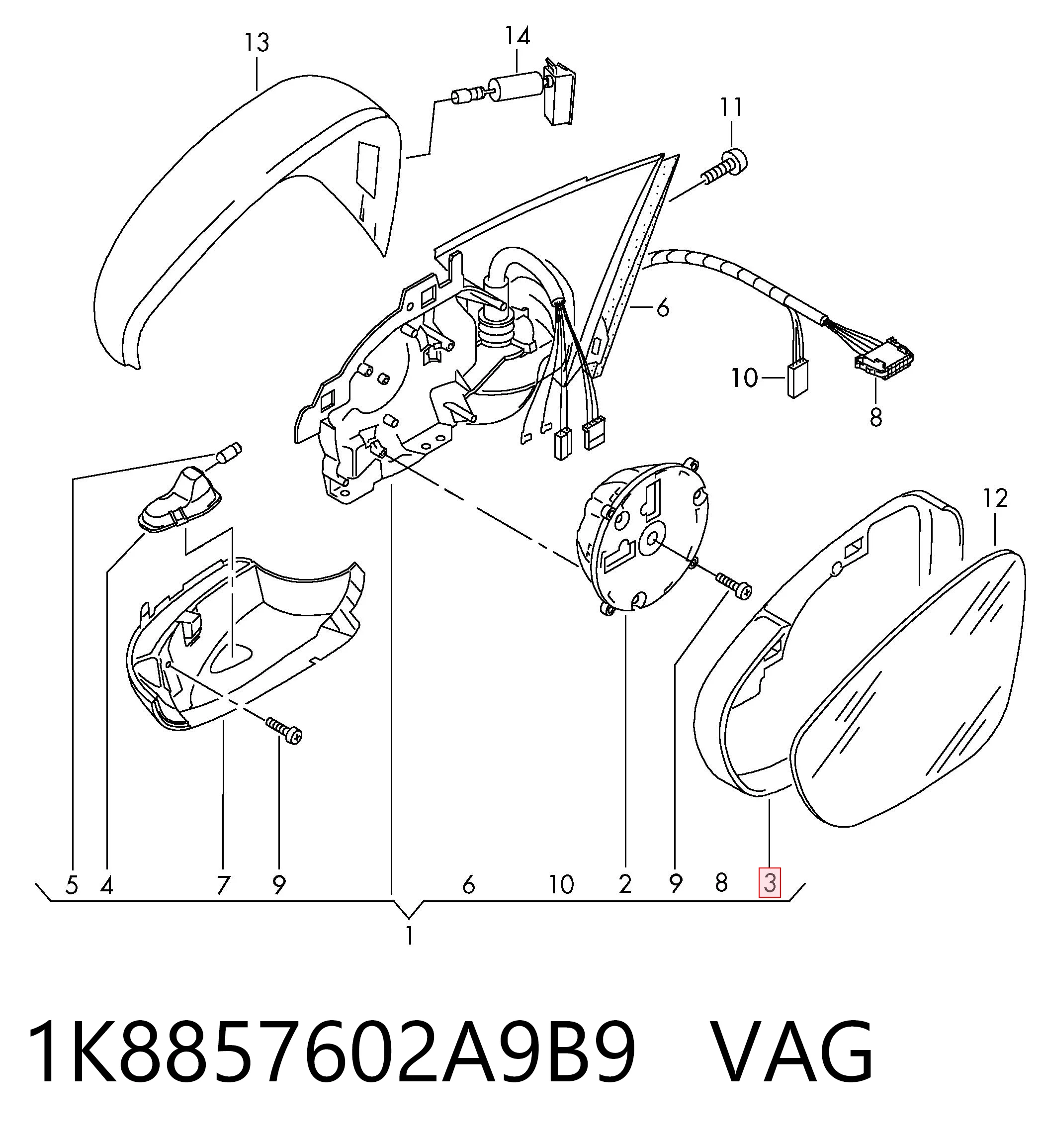 1K8857602A9B9 VAG Накладка зеркала заднего вида, правая