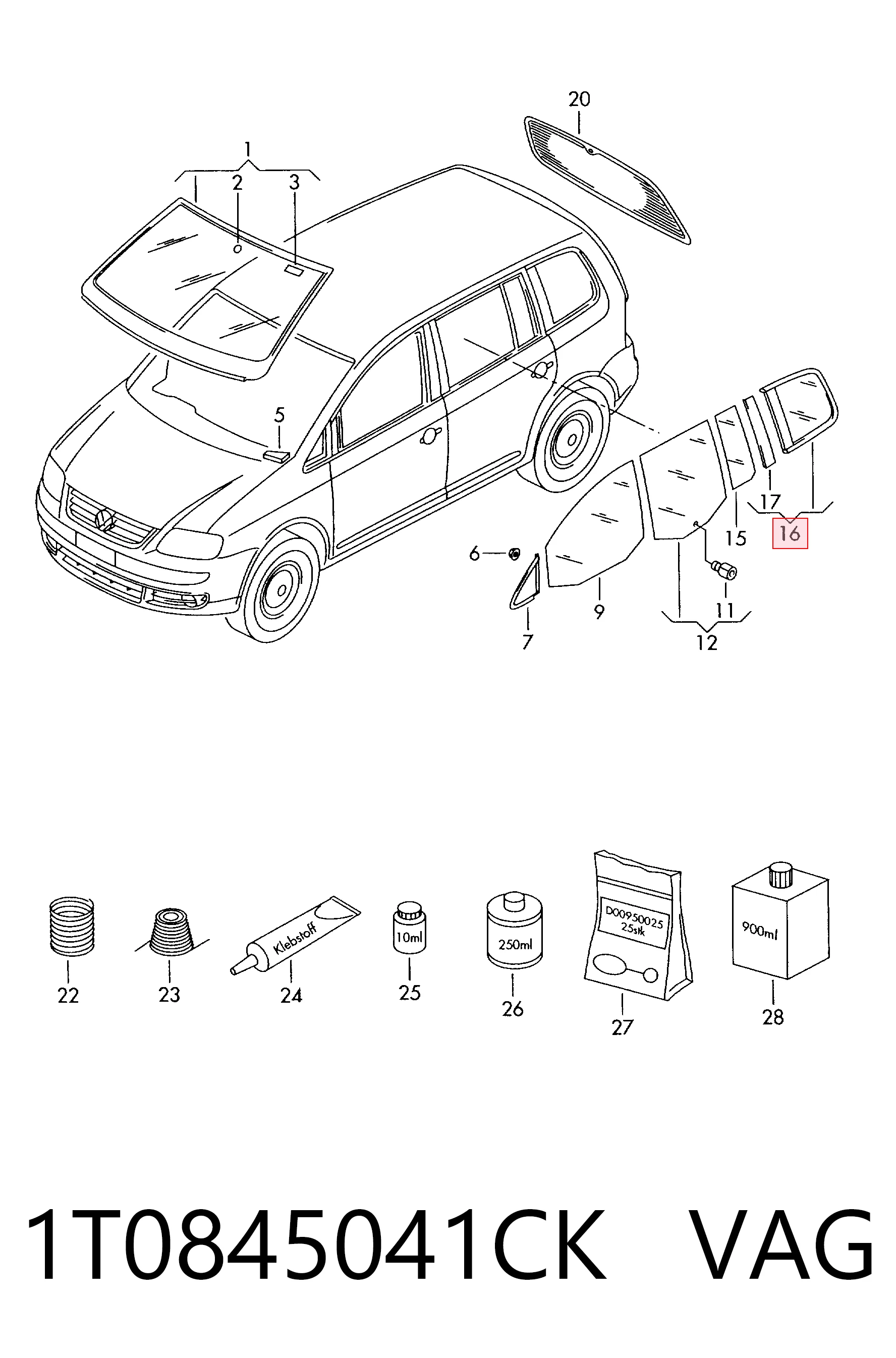 1T0845041CK VAG Стекло кузова/багажного отсека, левое