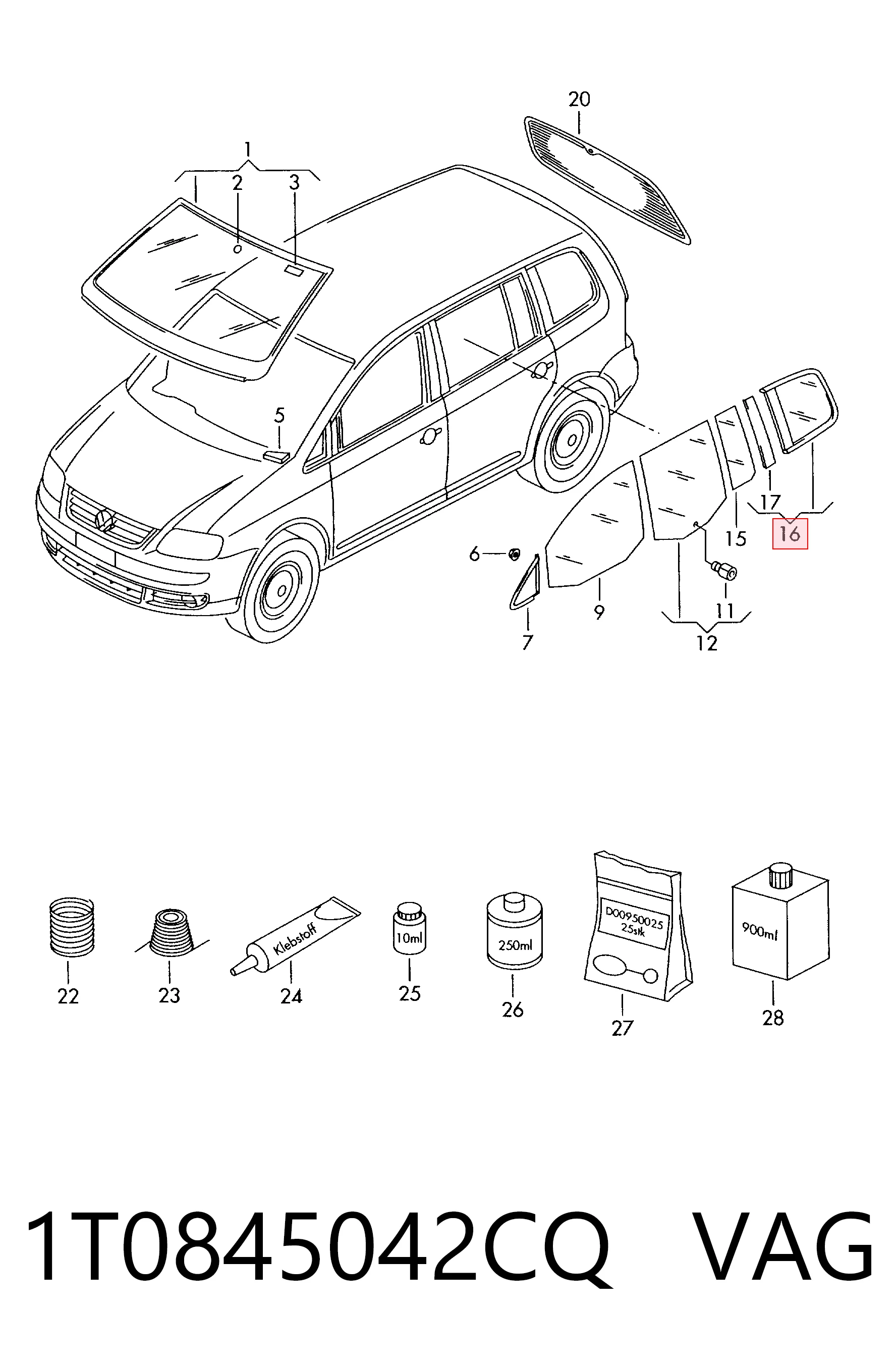 1T0845042CQ VAG Стекло багажного отсека, правое