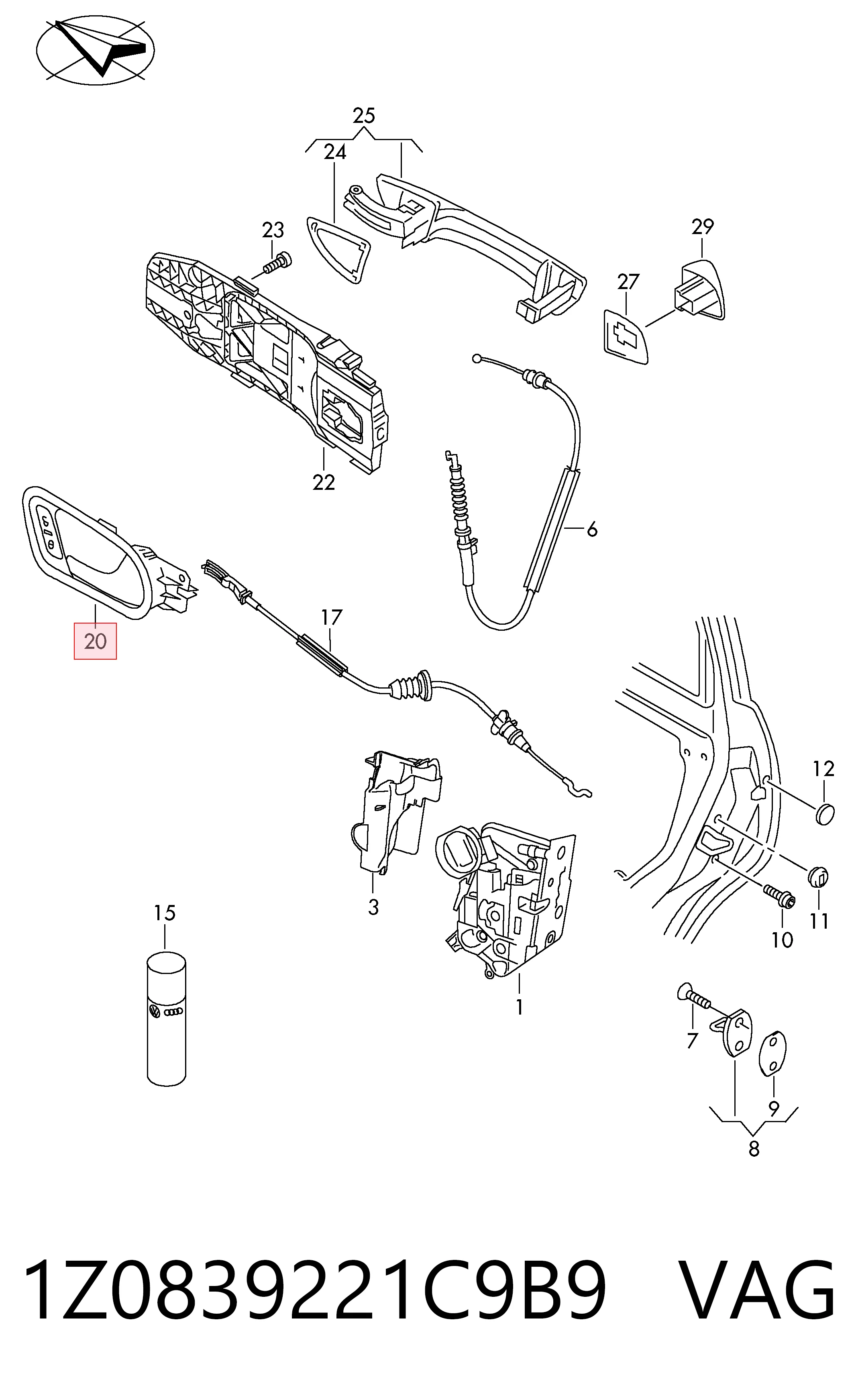 1Z0839221C9B9 VAG Ручка задней двери, внутренняя, левая