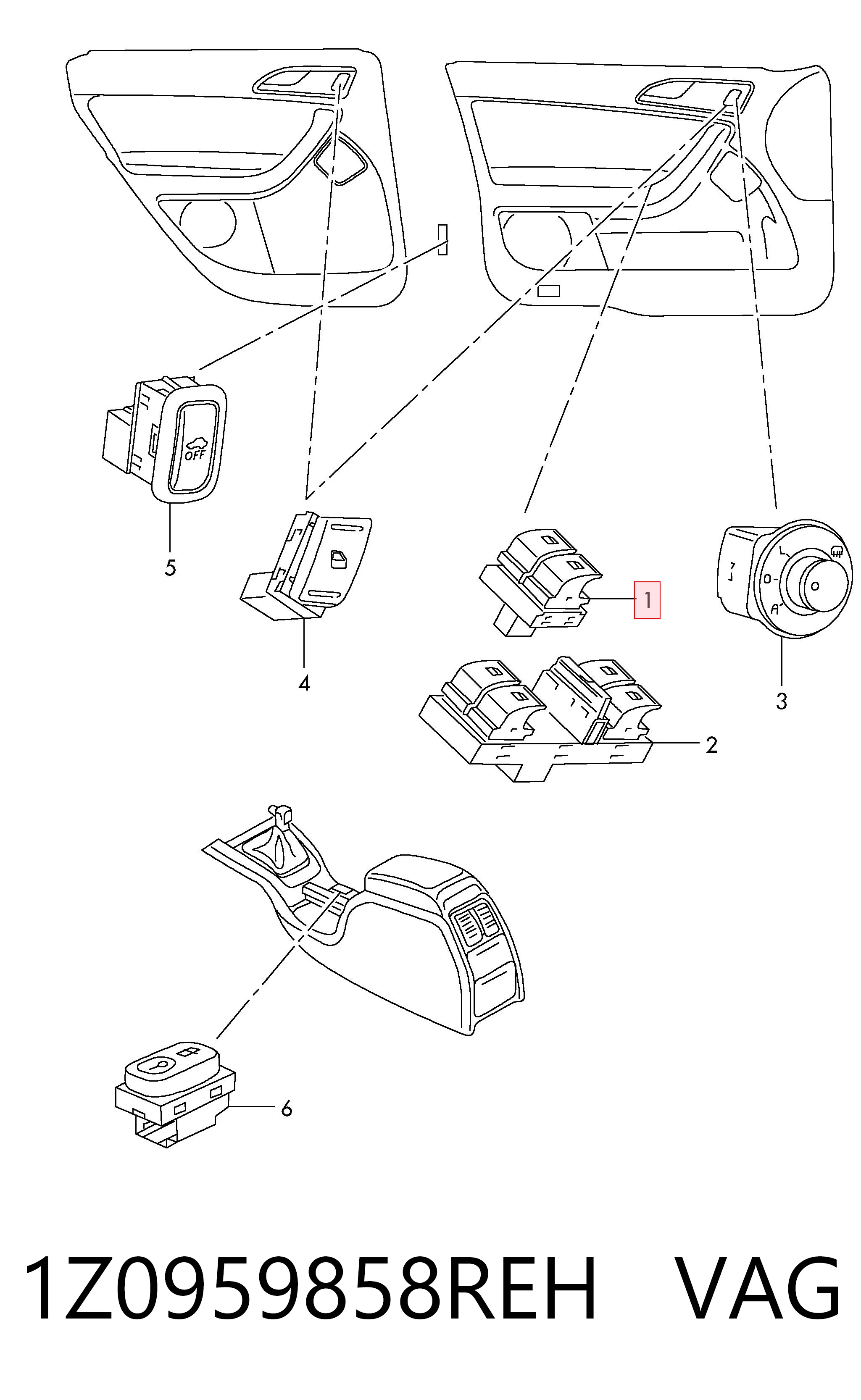 1Z0959858REH VAG Кнопки переднего левого стекло подъёмника