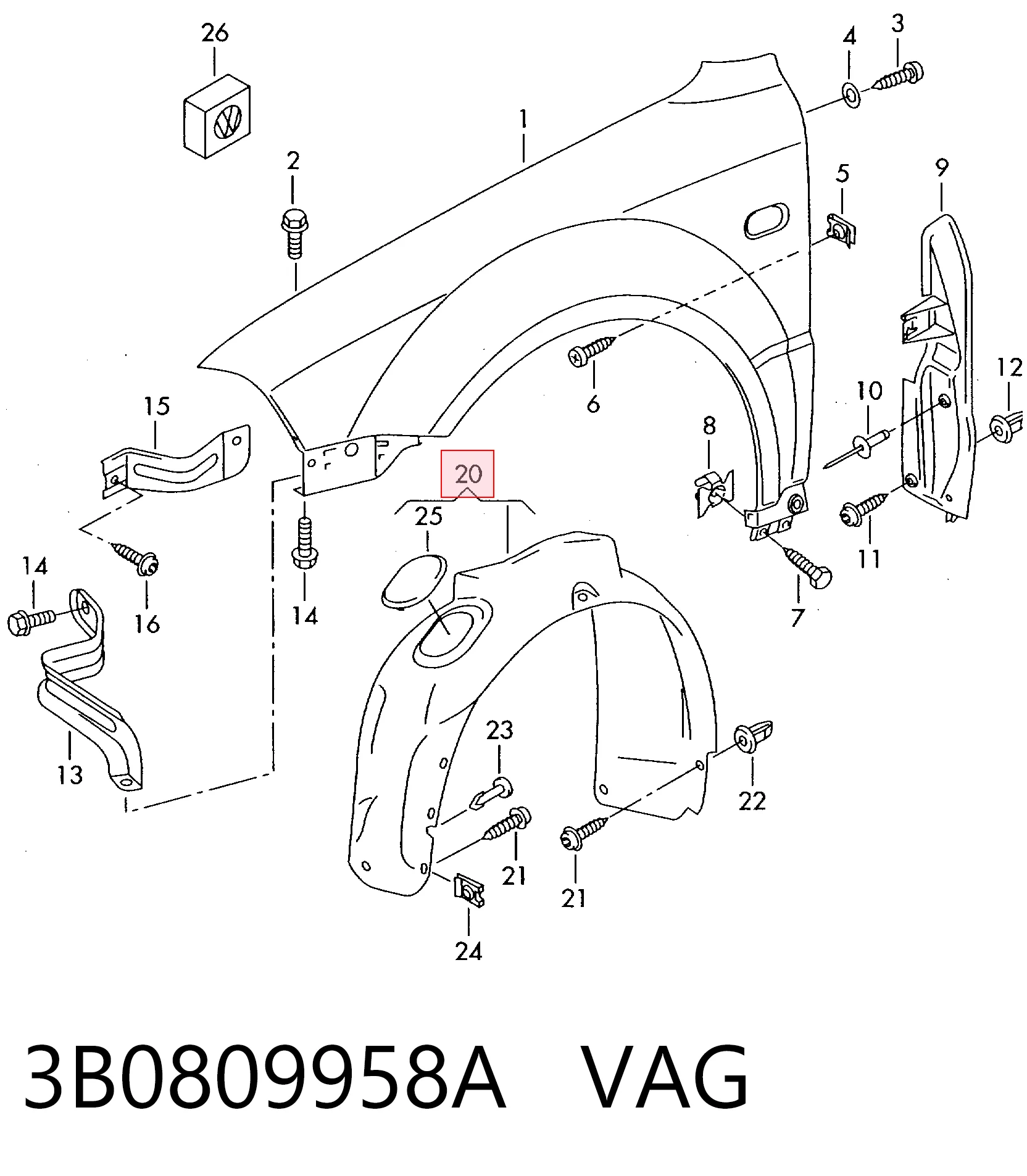 3B0809958A VAG Подкрыльник переднего крыла, правый