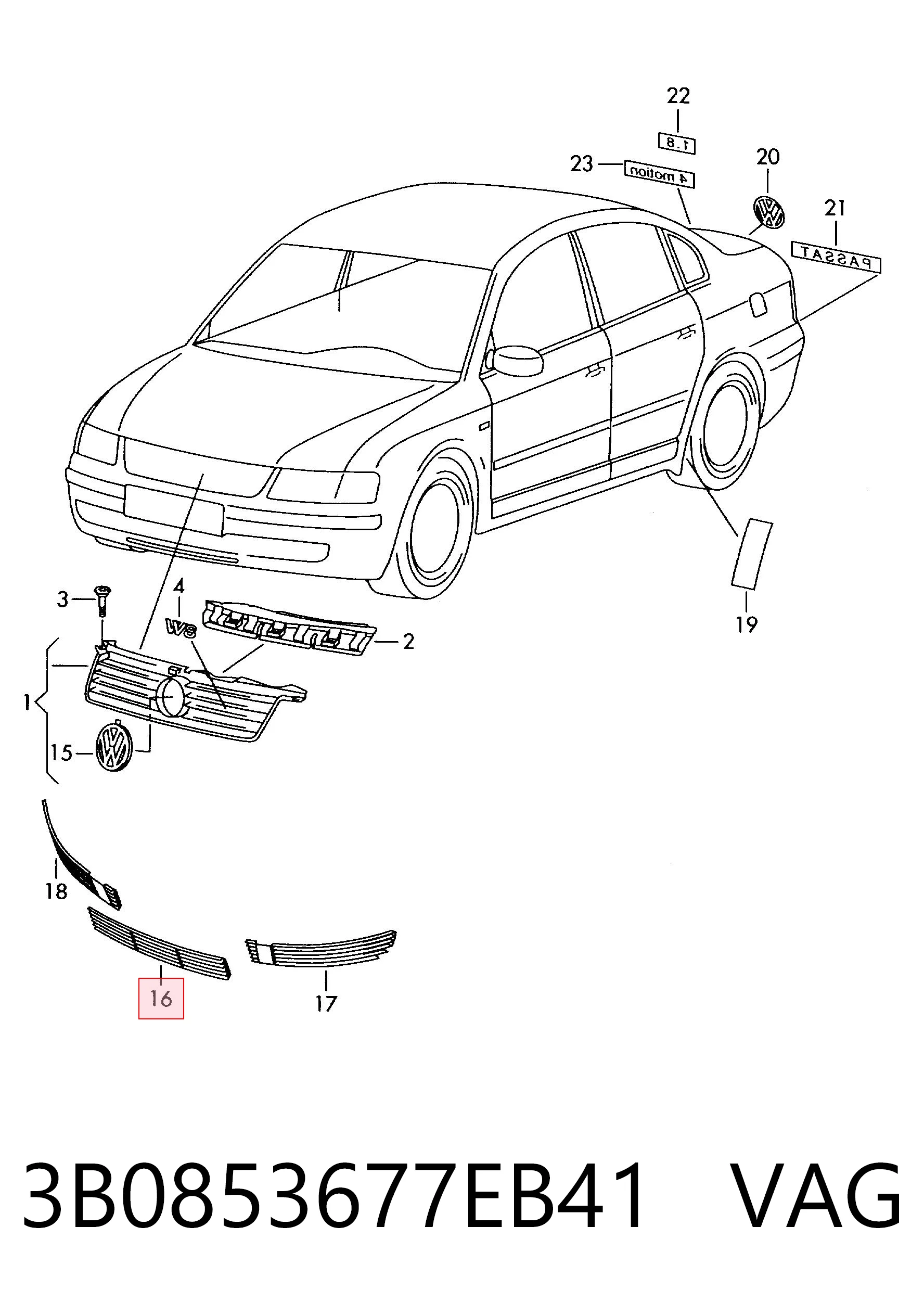 Центральная решетка переднего бампера на Volkswagen Passat B5 3B3