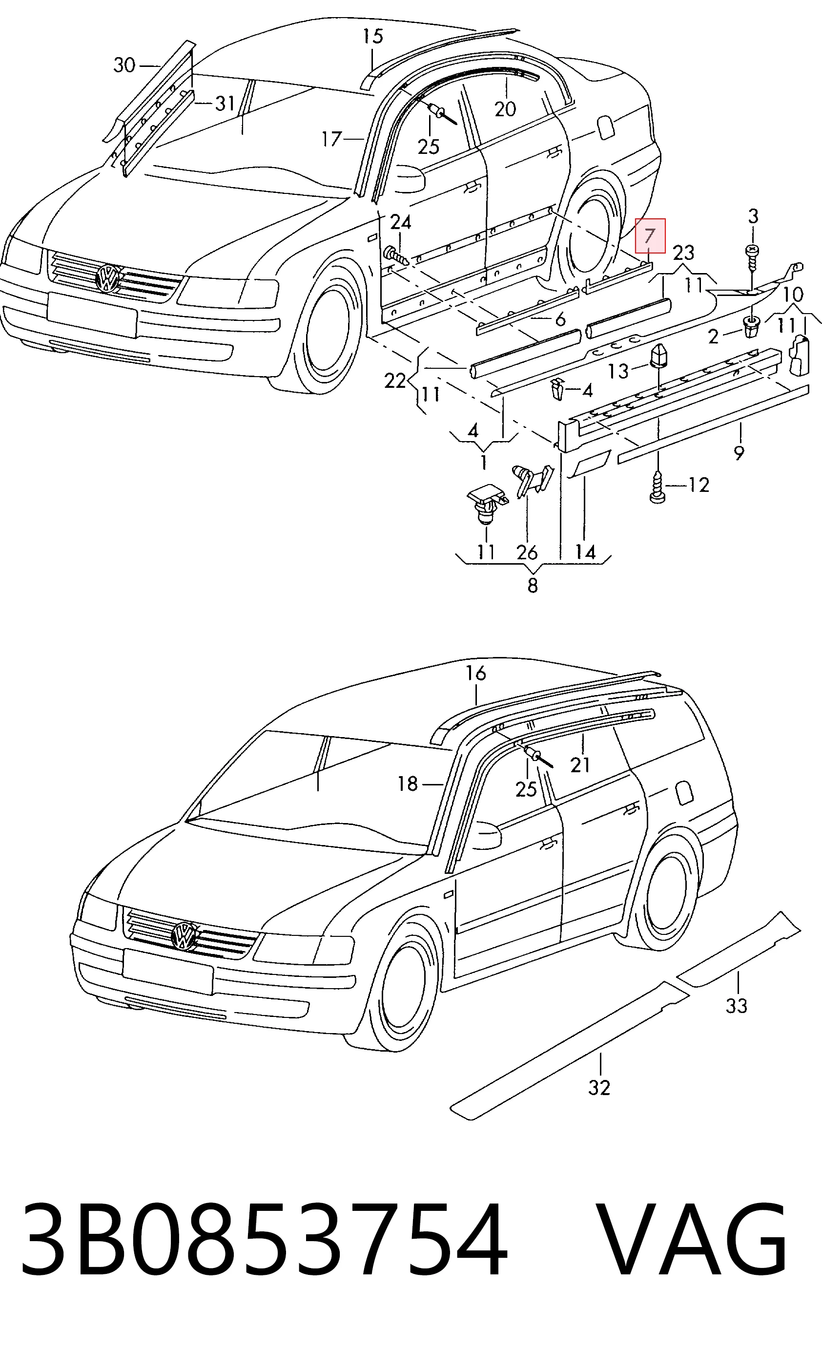3B0853754 VAG Молдинг задней правой двери, верхний