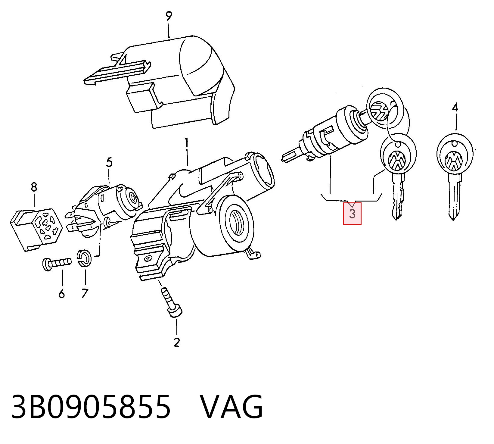 3B0905855 VAG Личинка замка зажигания