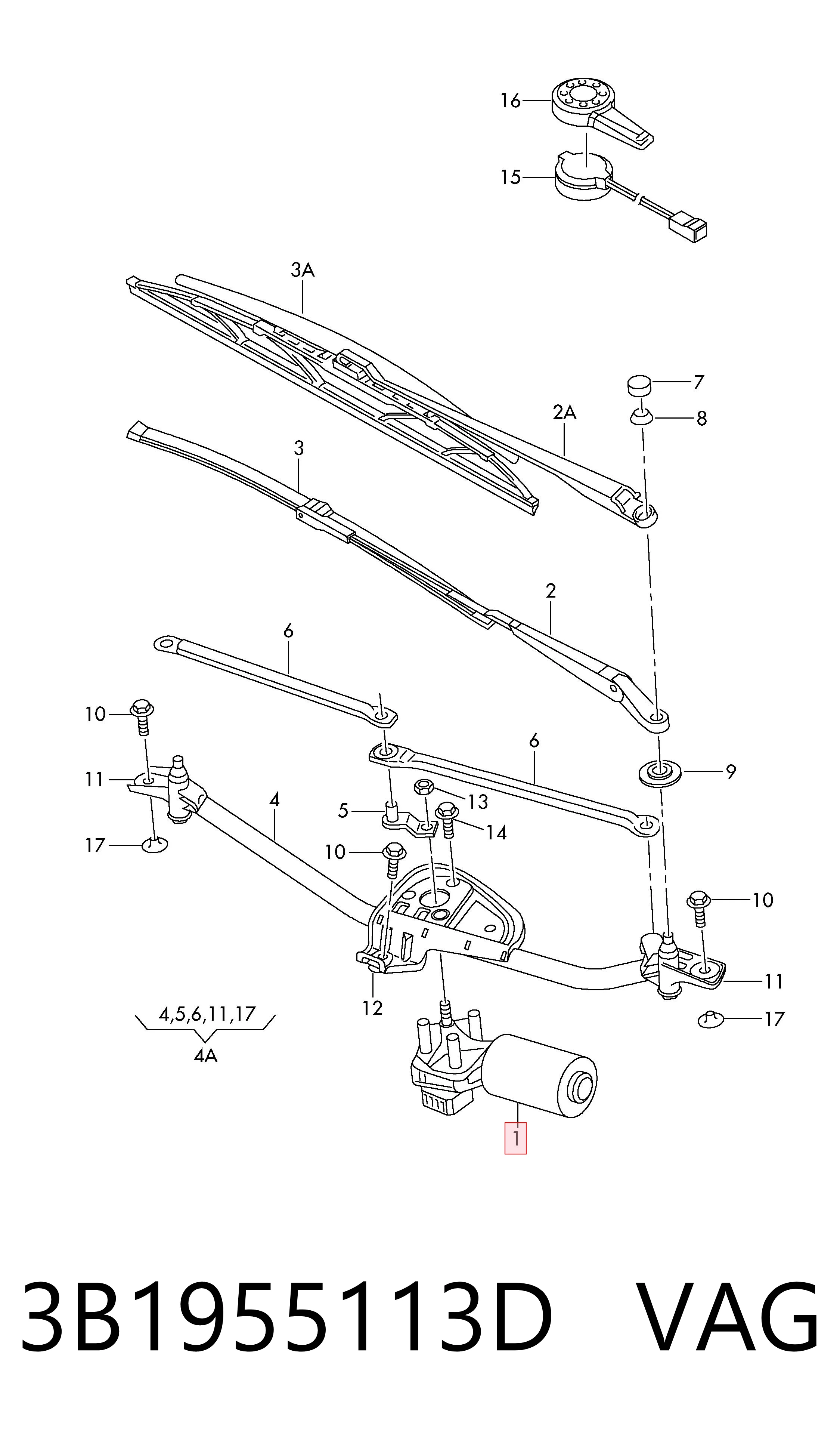 3B1955113D VAG Мотор стеклоочистителя передний