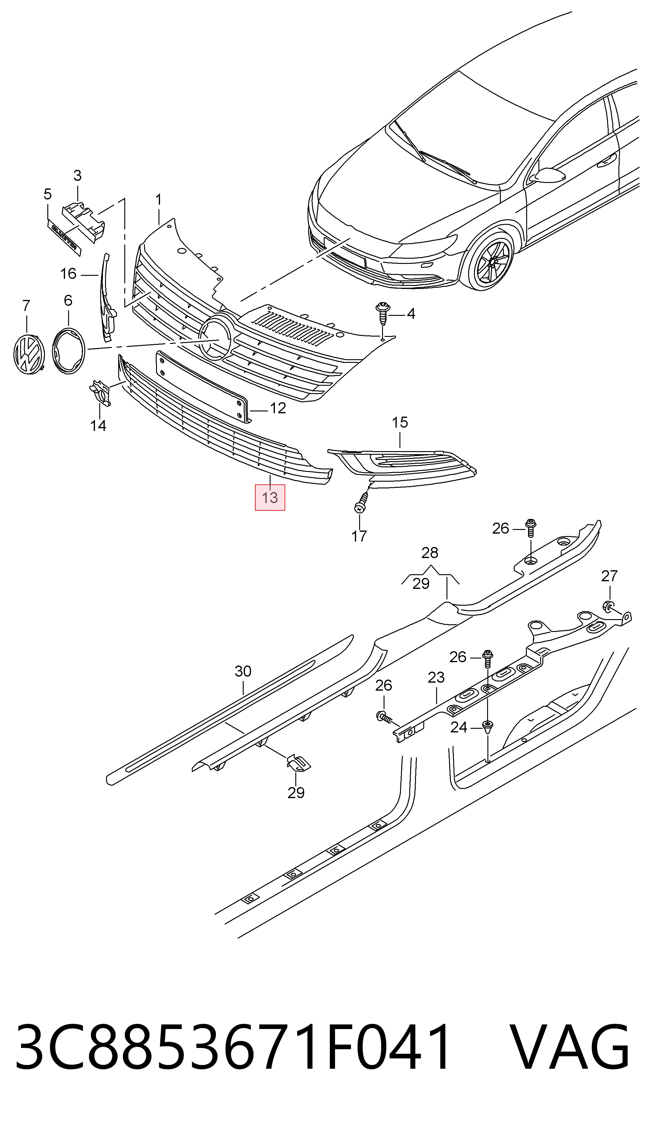 3C8853671F041 VAG Центральная решетка переднего бампера