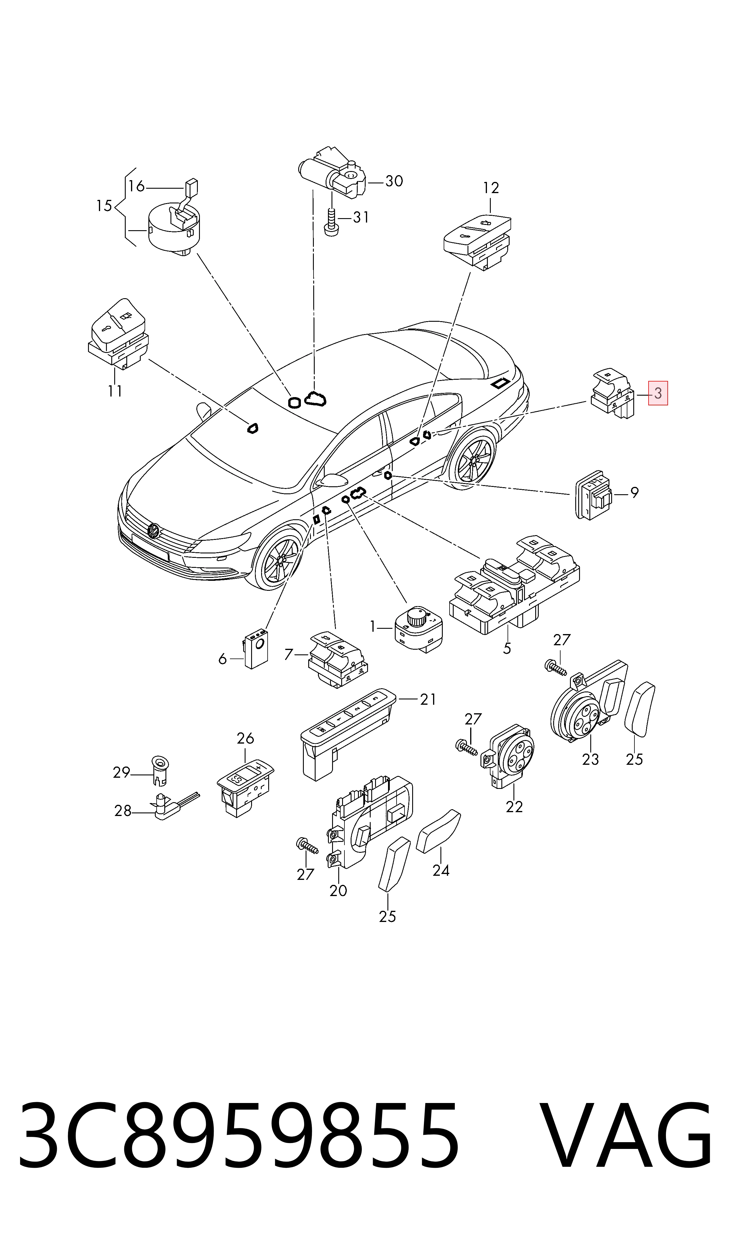 3C8959855 VAG Кнопка подъемника задних стекол