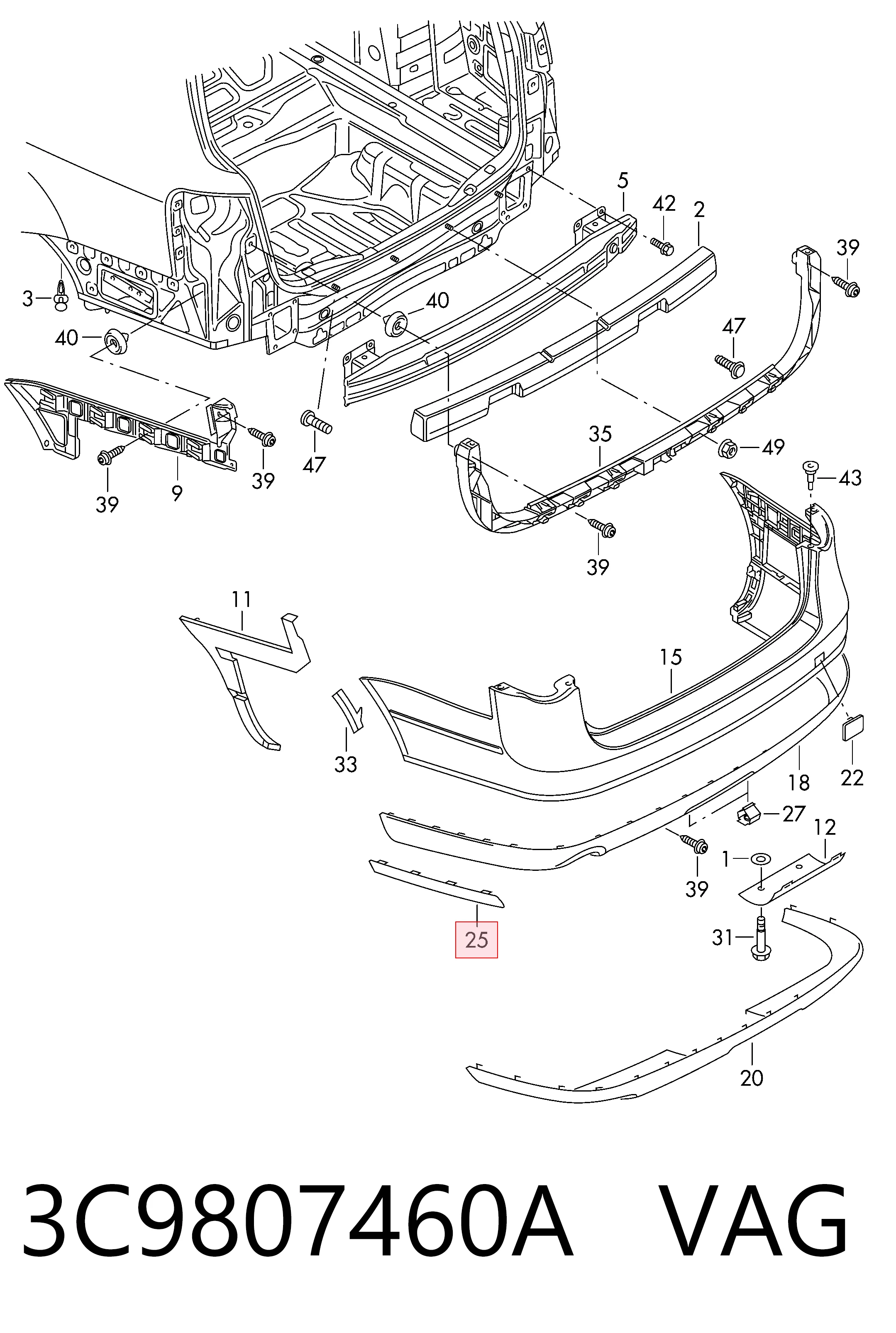 3C9807460A VAG Молдинг бампера заднего правый