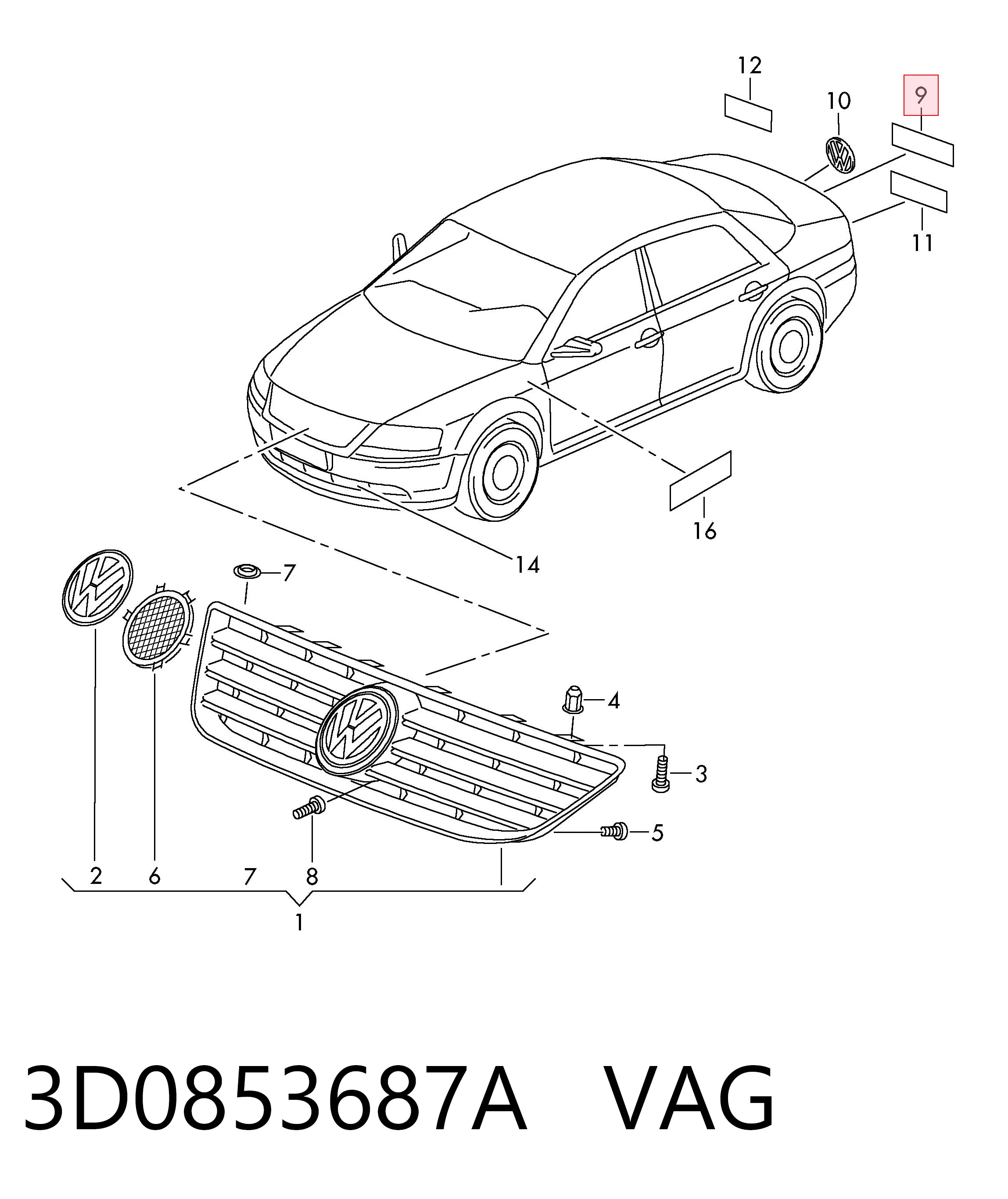 3D0853687A VAG Фирменный значек на багажник