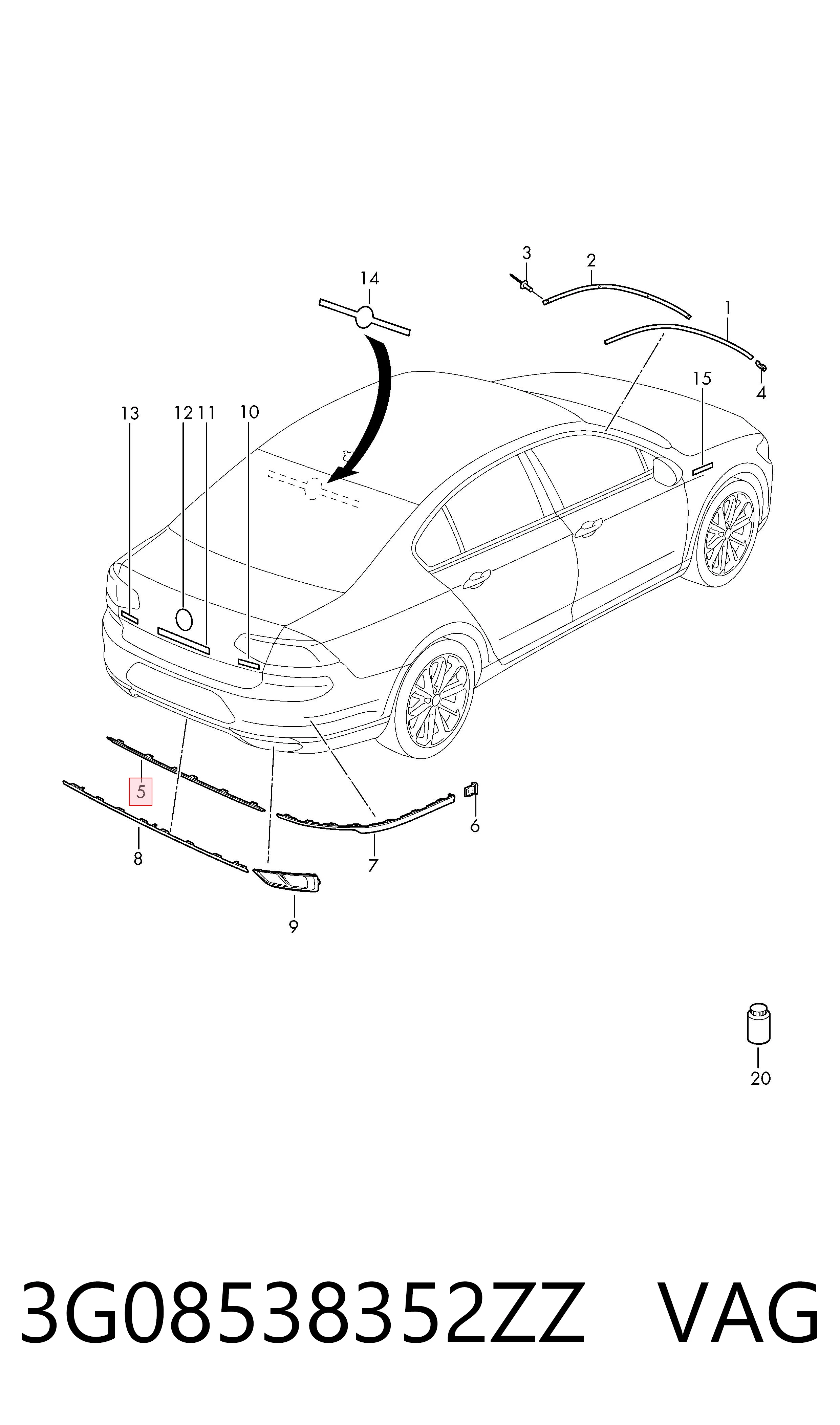3G08538352ZZ VAG Молдинг заднего бампера, центральный