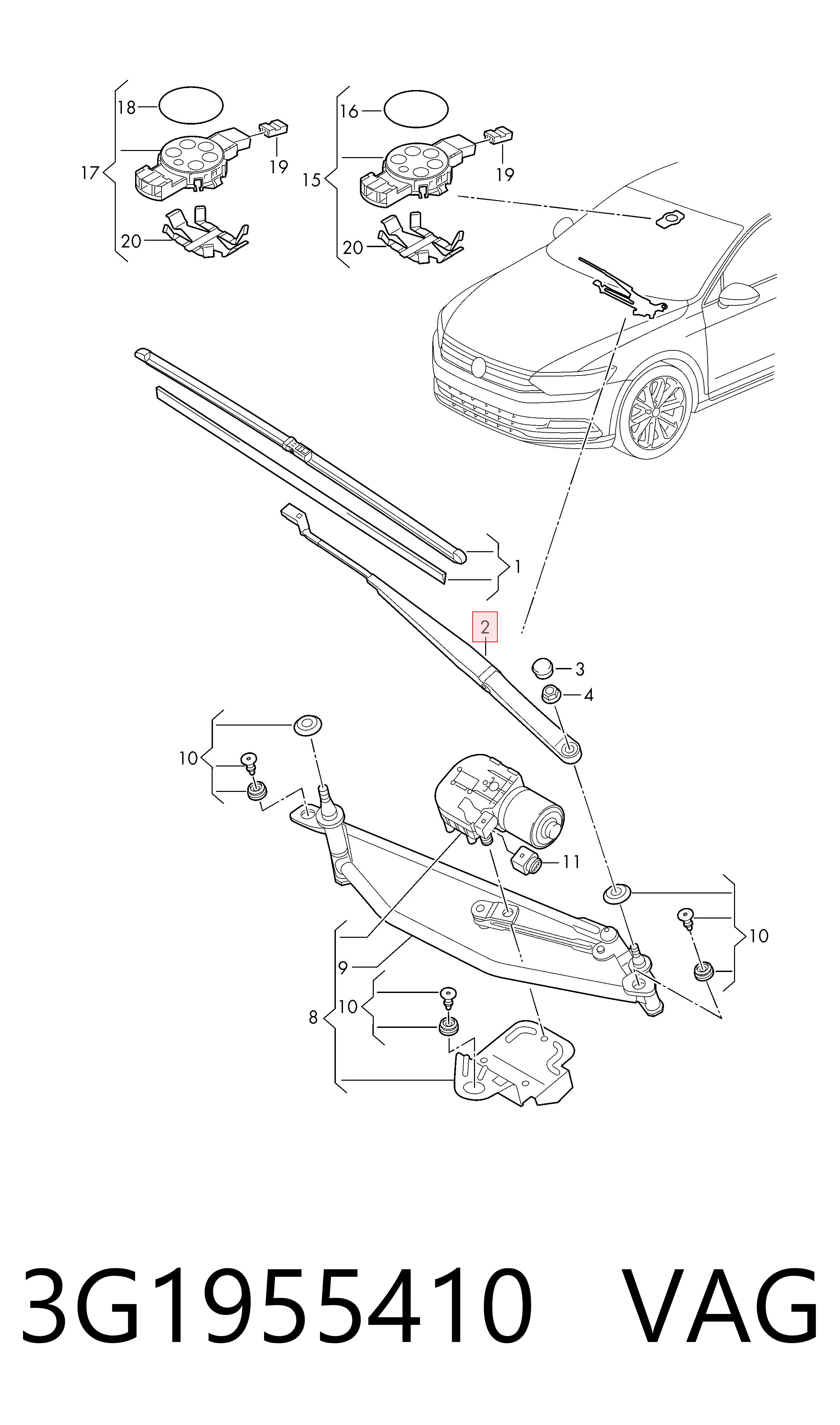 Поводок дворника на Volkswagen Passat B8 3G2, CB2