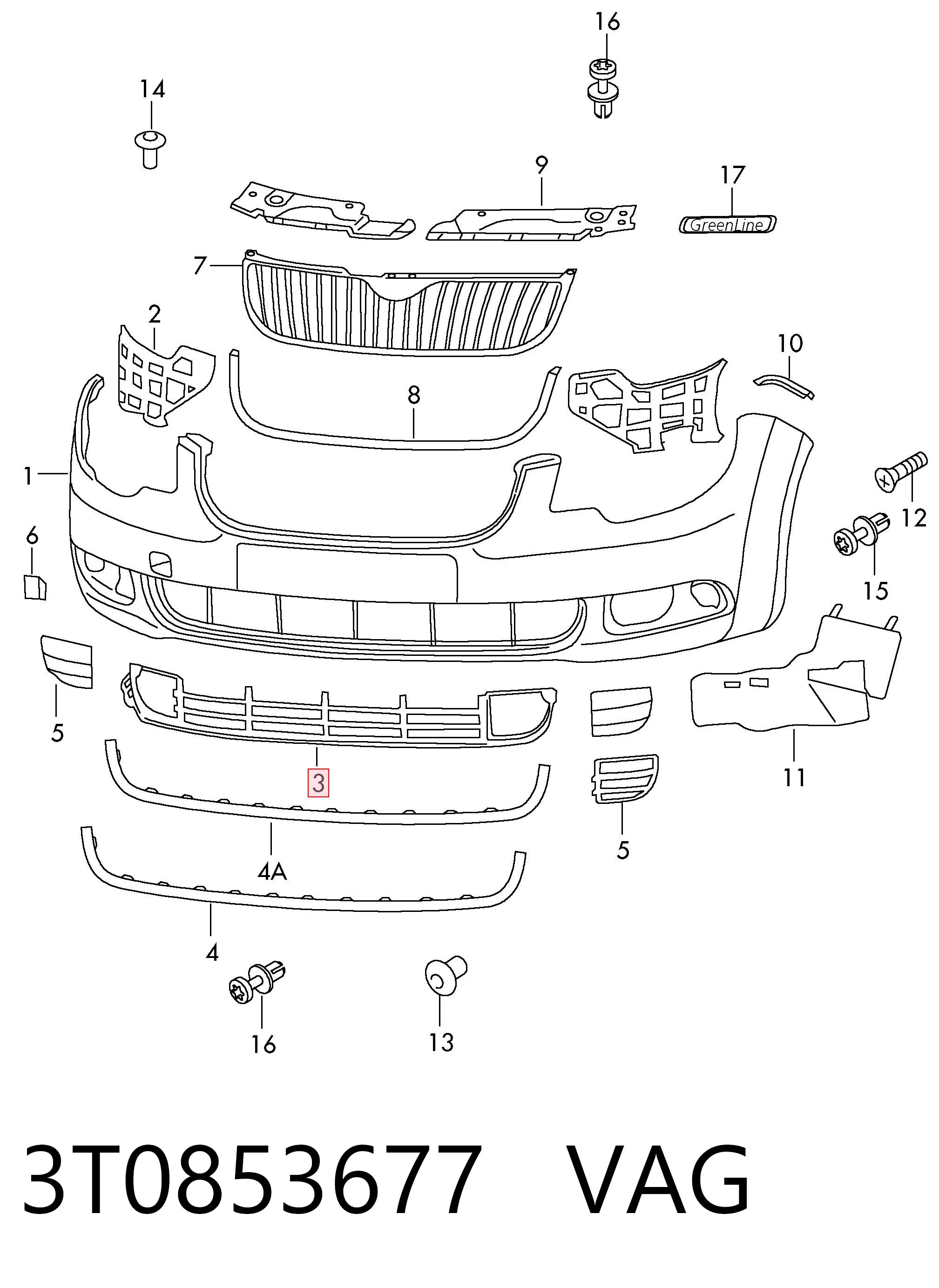 Центральная решетка переднего бампера на Skoda SuperB II 3T4