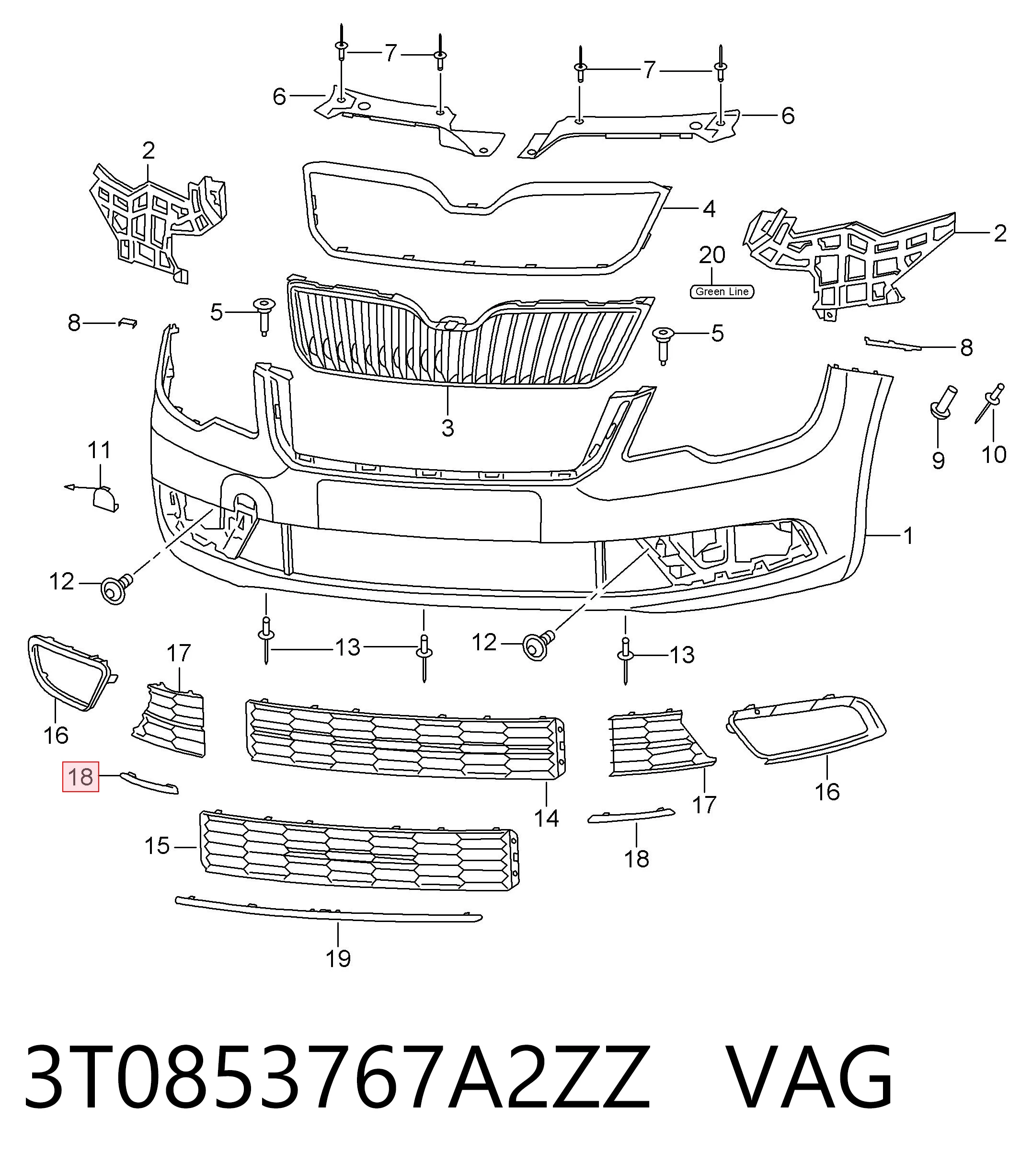 3T0853767A2ZZ VAG Молдинг решетки переднего бампера, левый