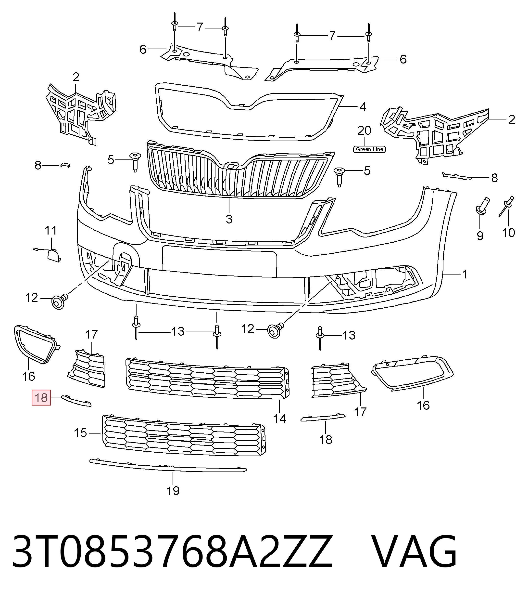 3T0853768A2ZZ VAG Молдинг решетки переднего бампера, правый