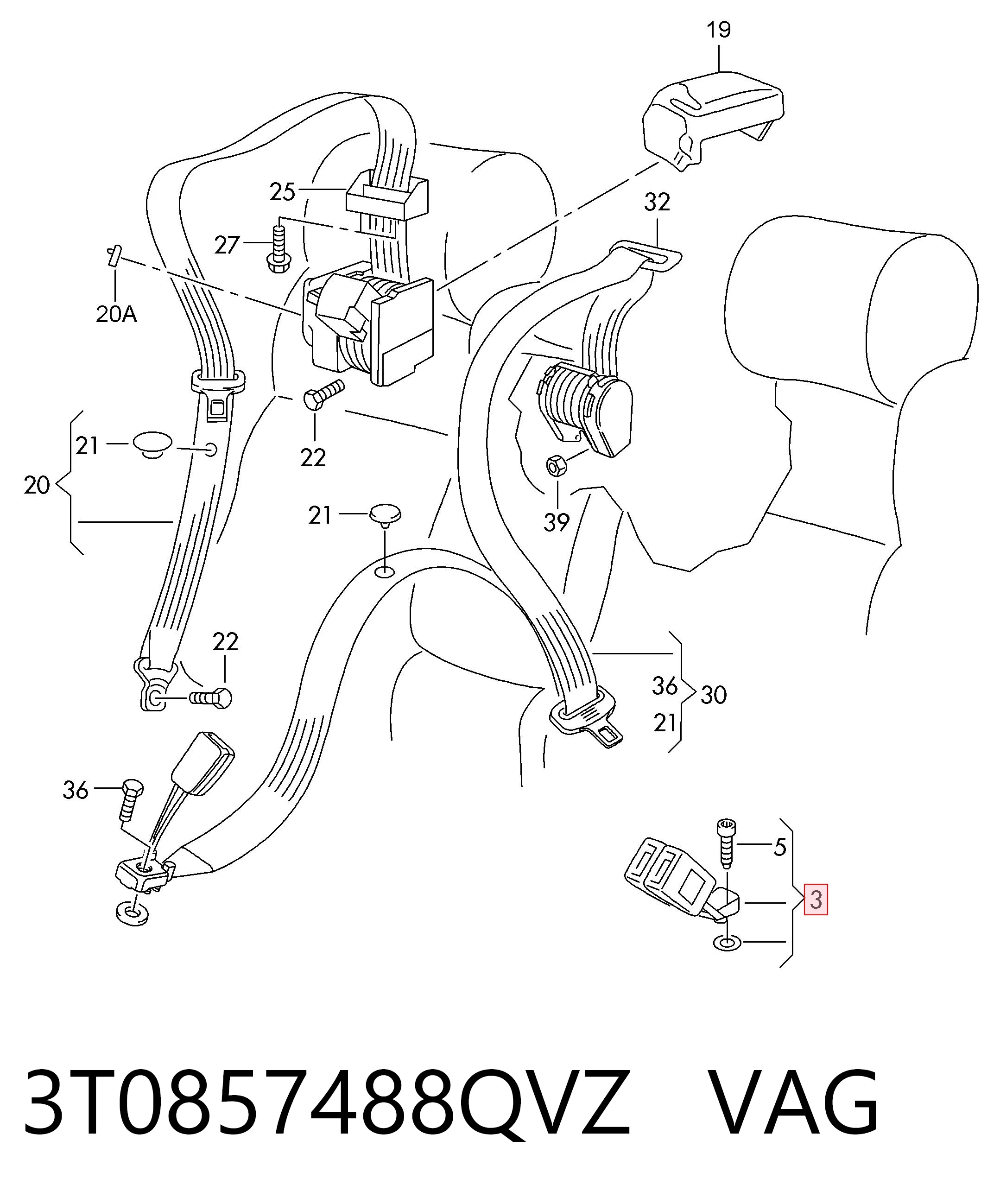 3T0857488QVZ VAG Рычаг фиксатор ремня безопасности задний левый