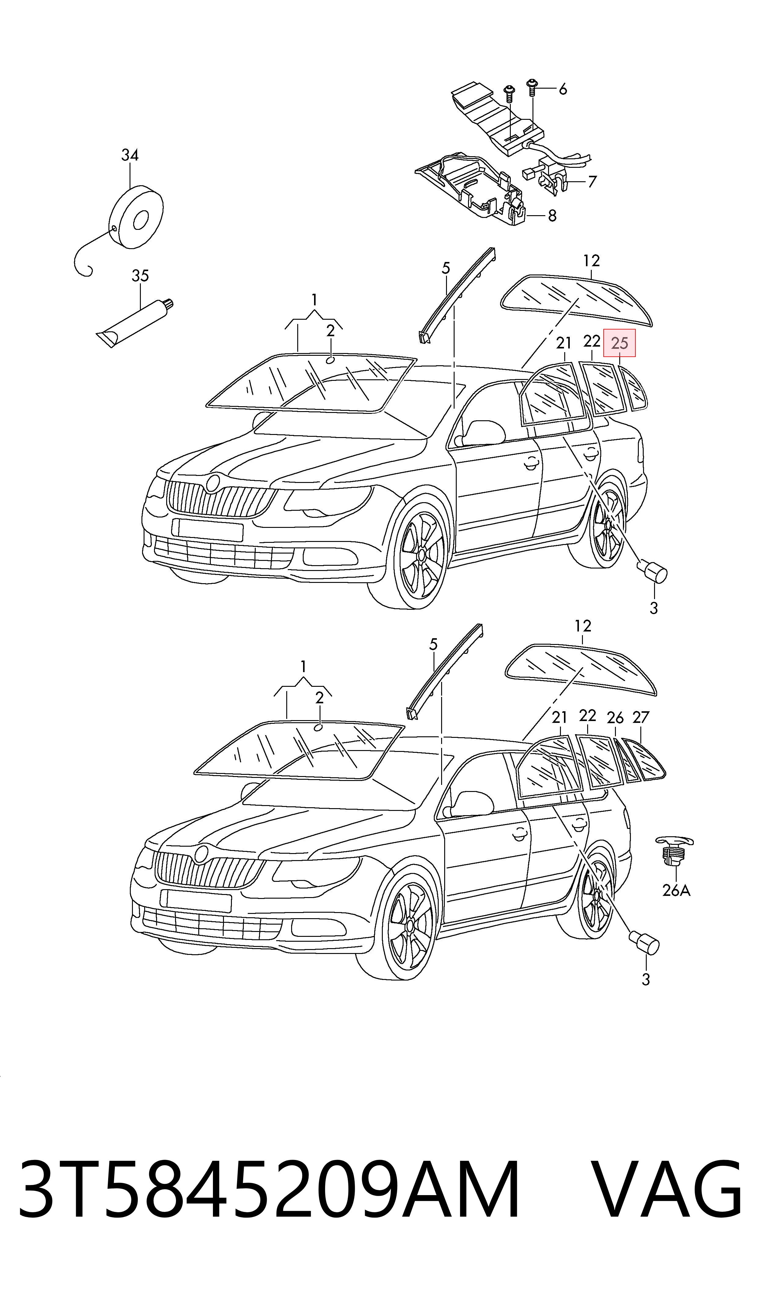 3T5845209AM VAG Стекло-форточка двери, задней, левой