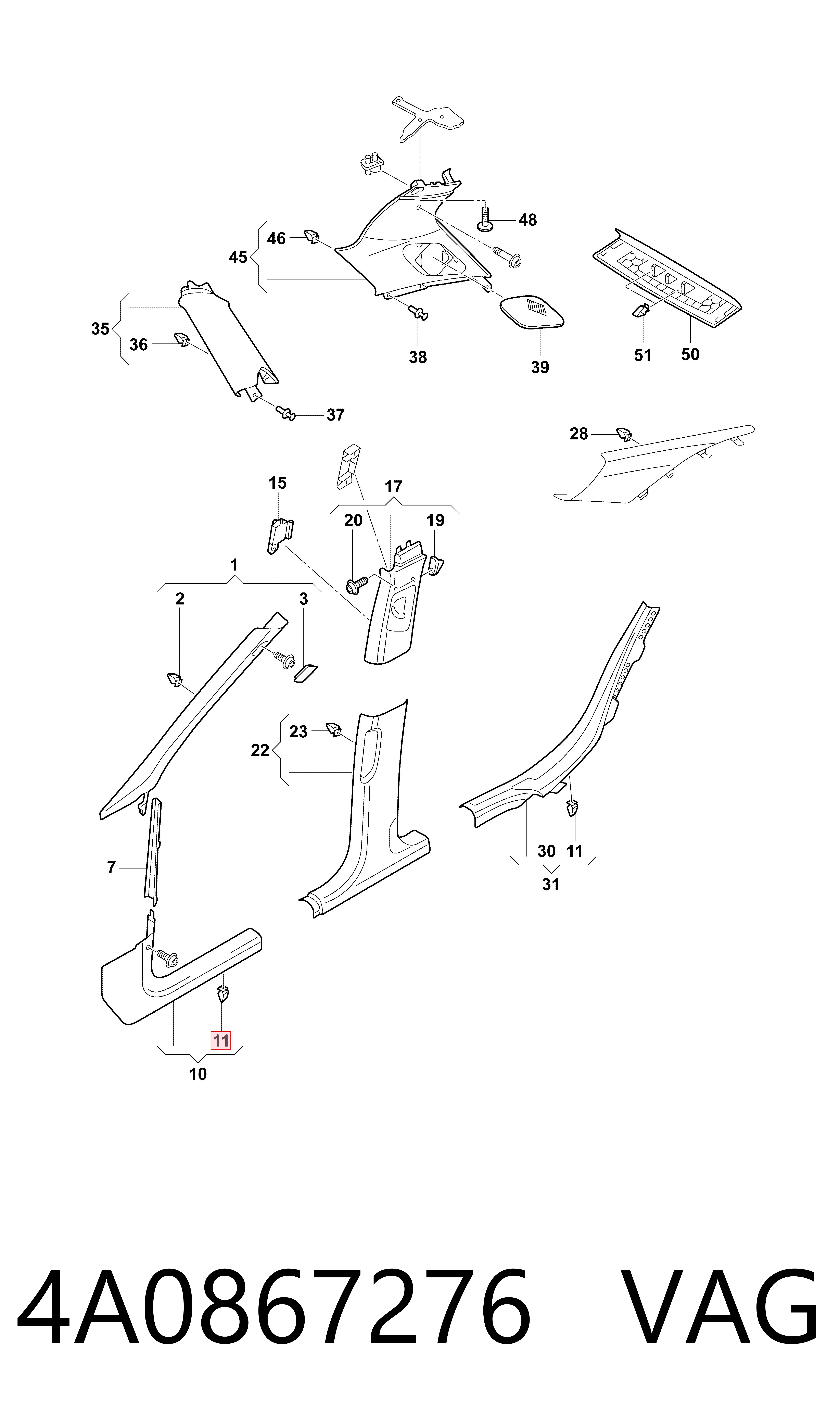 4A0867276 VAG Пистон (клип) крепления обшивки крышки багажника