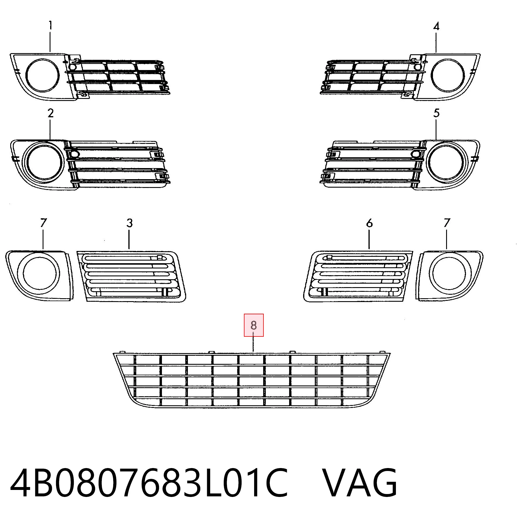 Центральная решетка переднего бампера на Audi A6 C5 4B2, 4B4