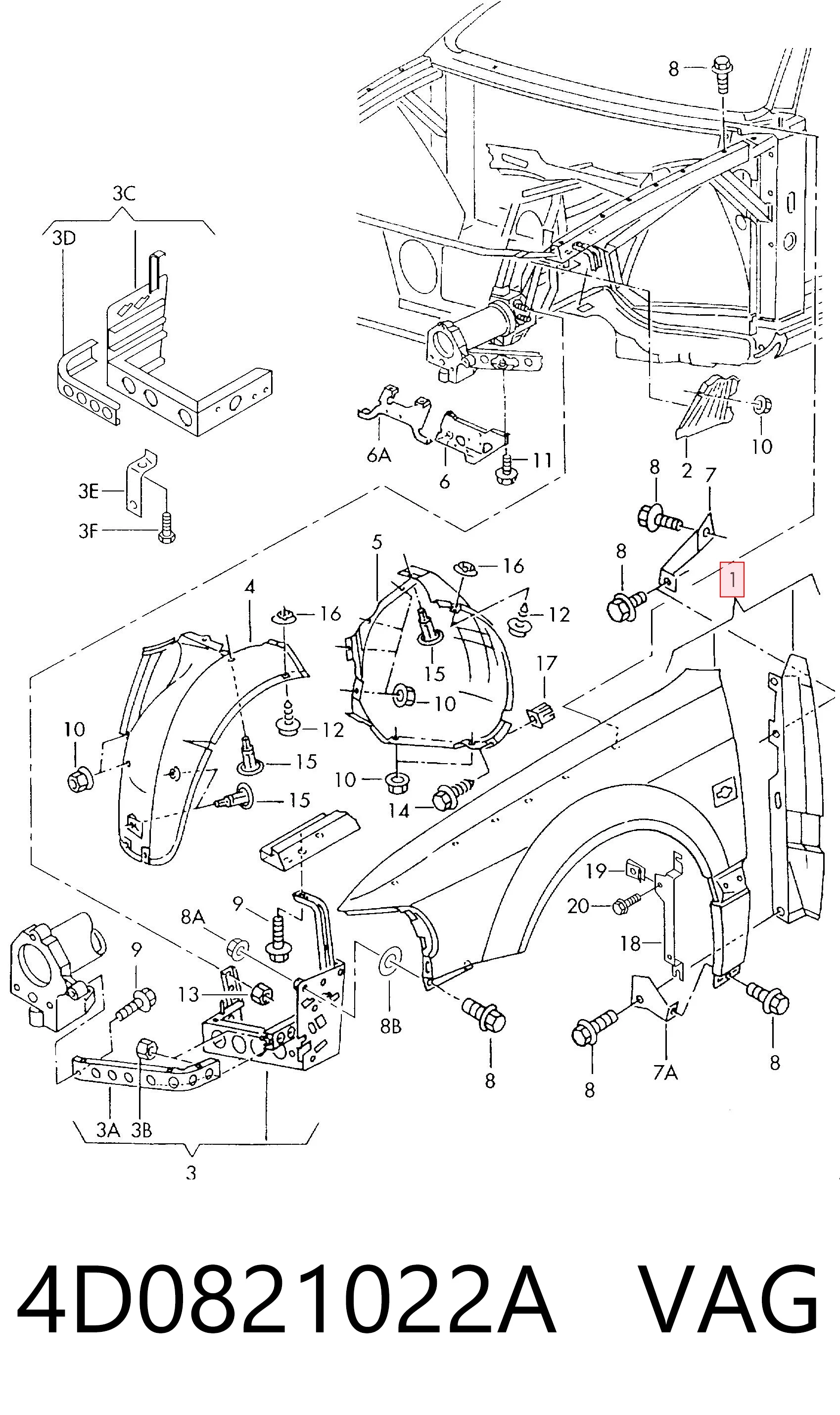 Переднее правое крыло на Audi A8 D2 4D2, 4D8