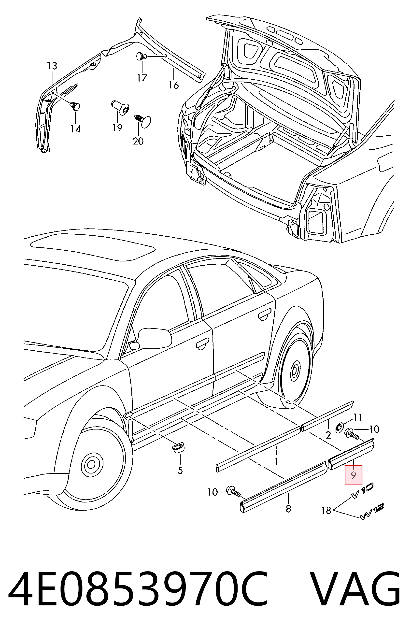 4E0853970C VAG Молдинг задней правой двери, нижний