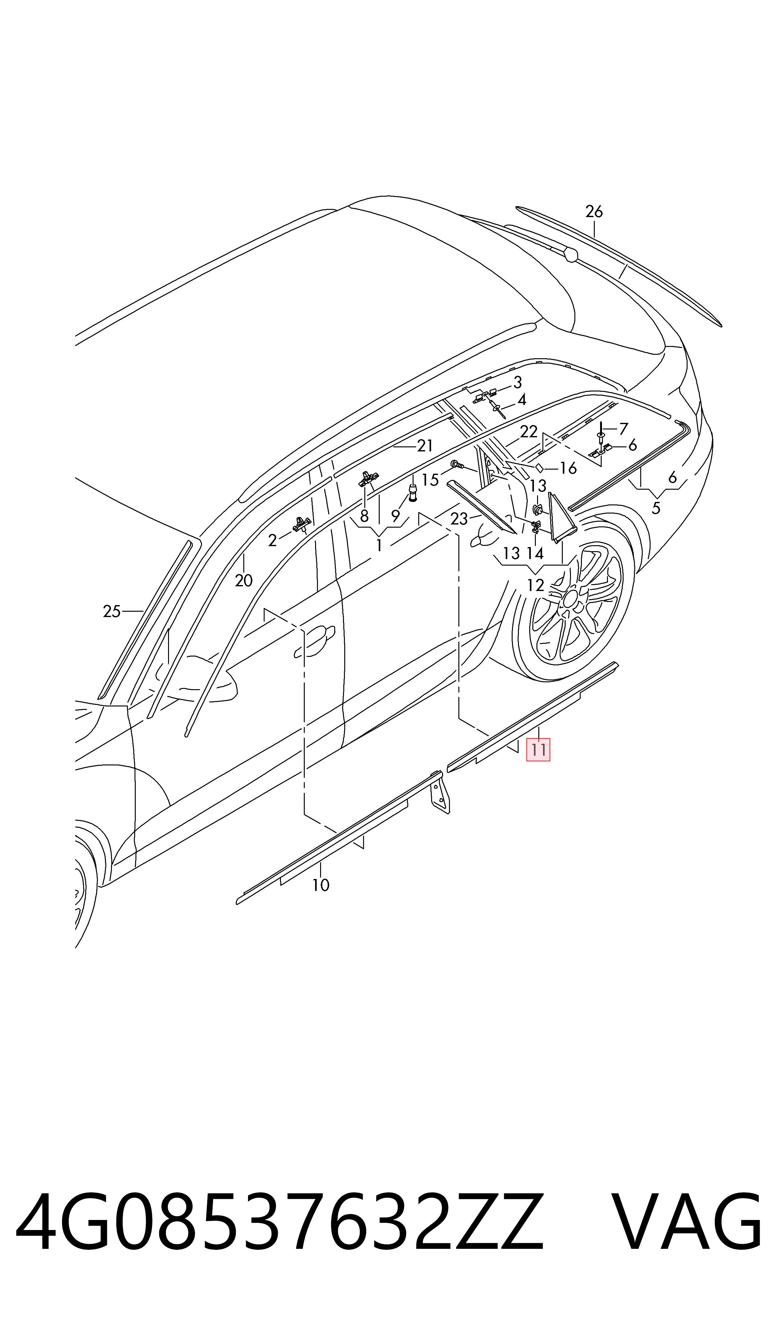 4G08537632ZZ VAG Молдинг опускного стекла нижний, двери задней, левой