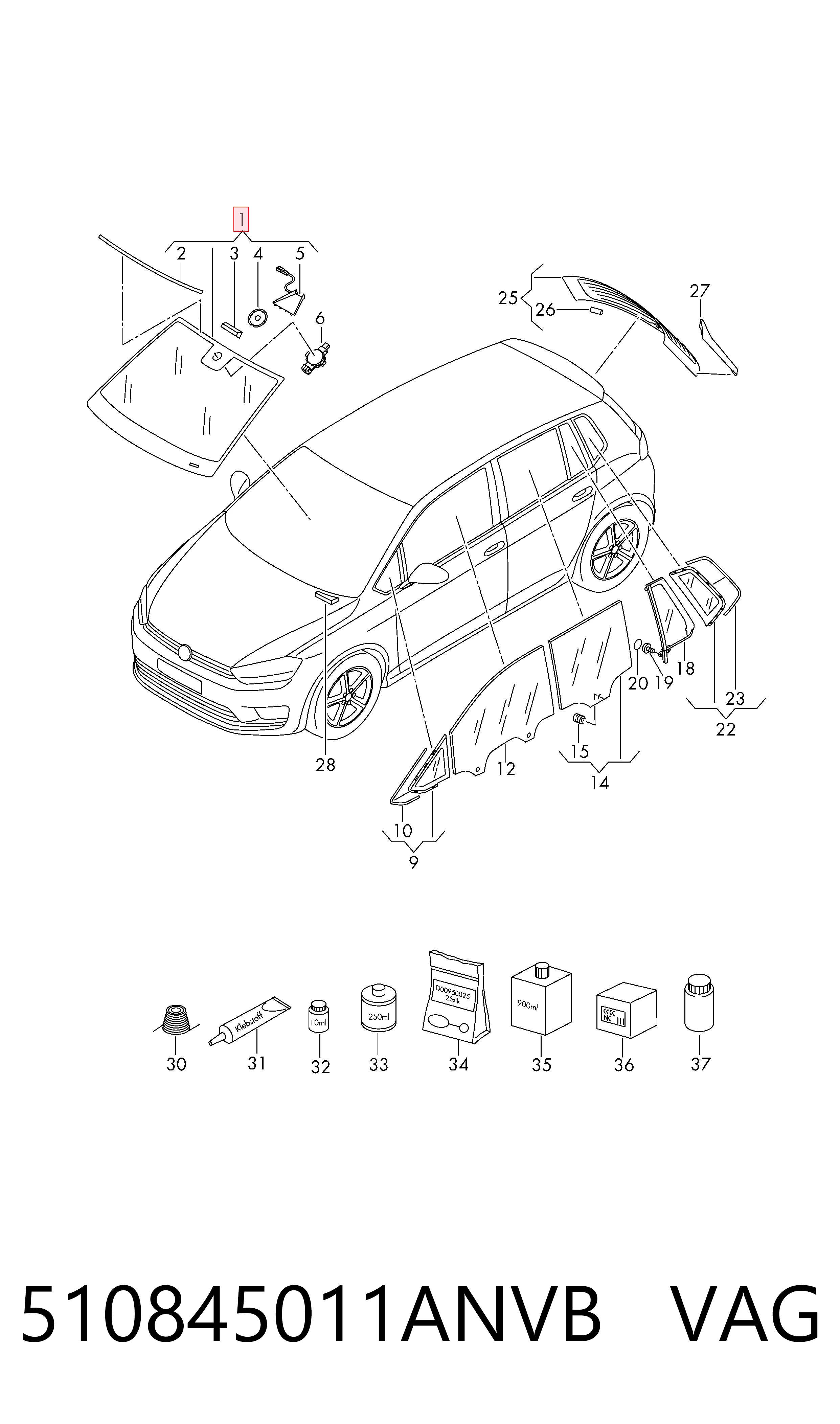 Стекло лобовое  VAG 510845011ANVB