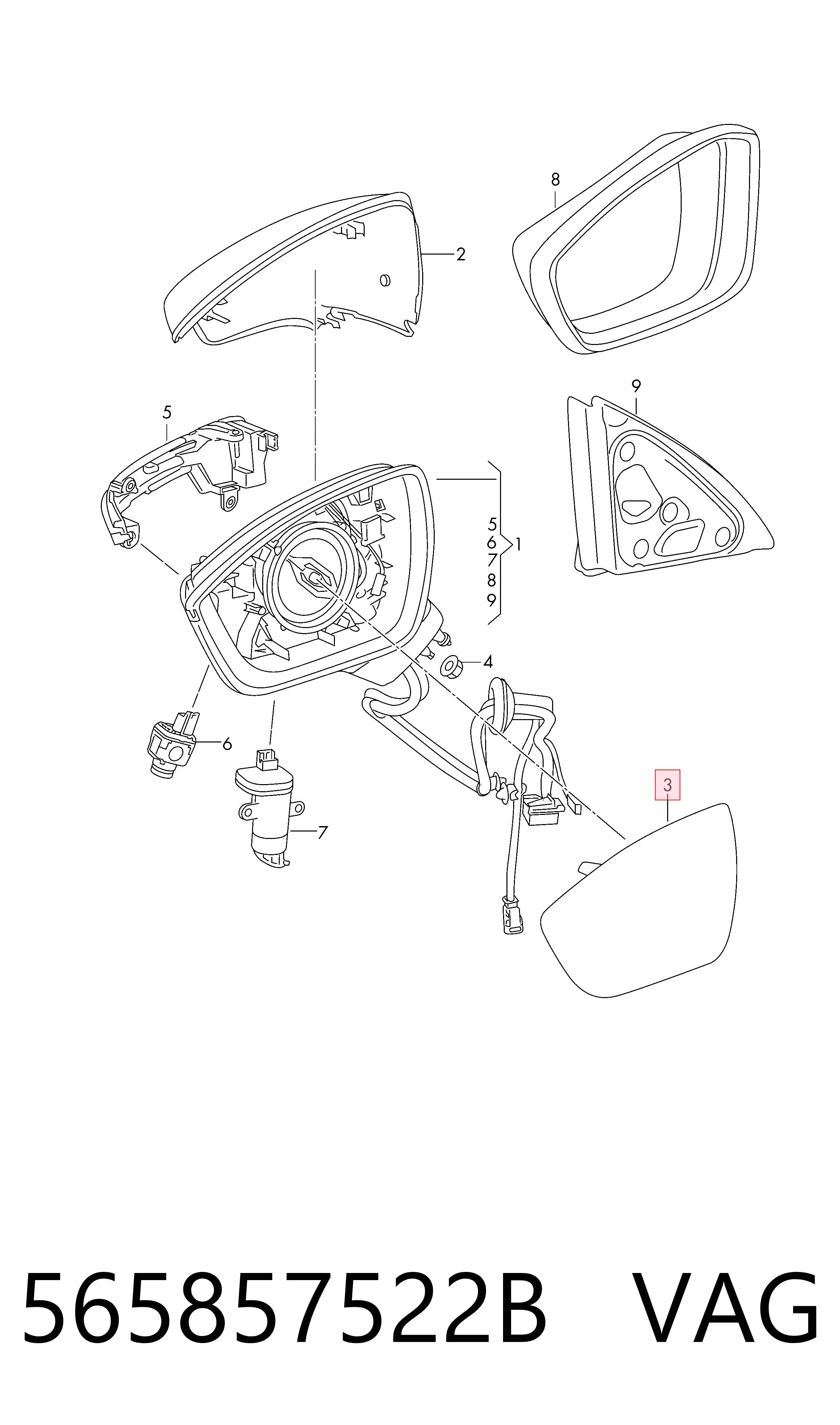 565857522B VAG Зеркальный элемент правого зеркала заднего вида