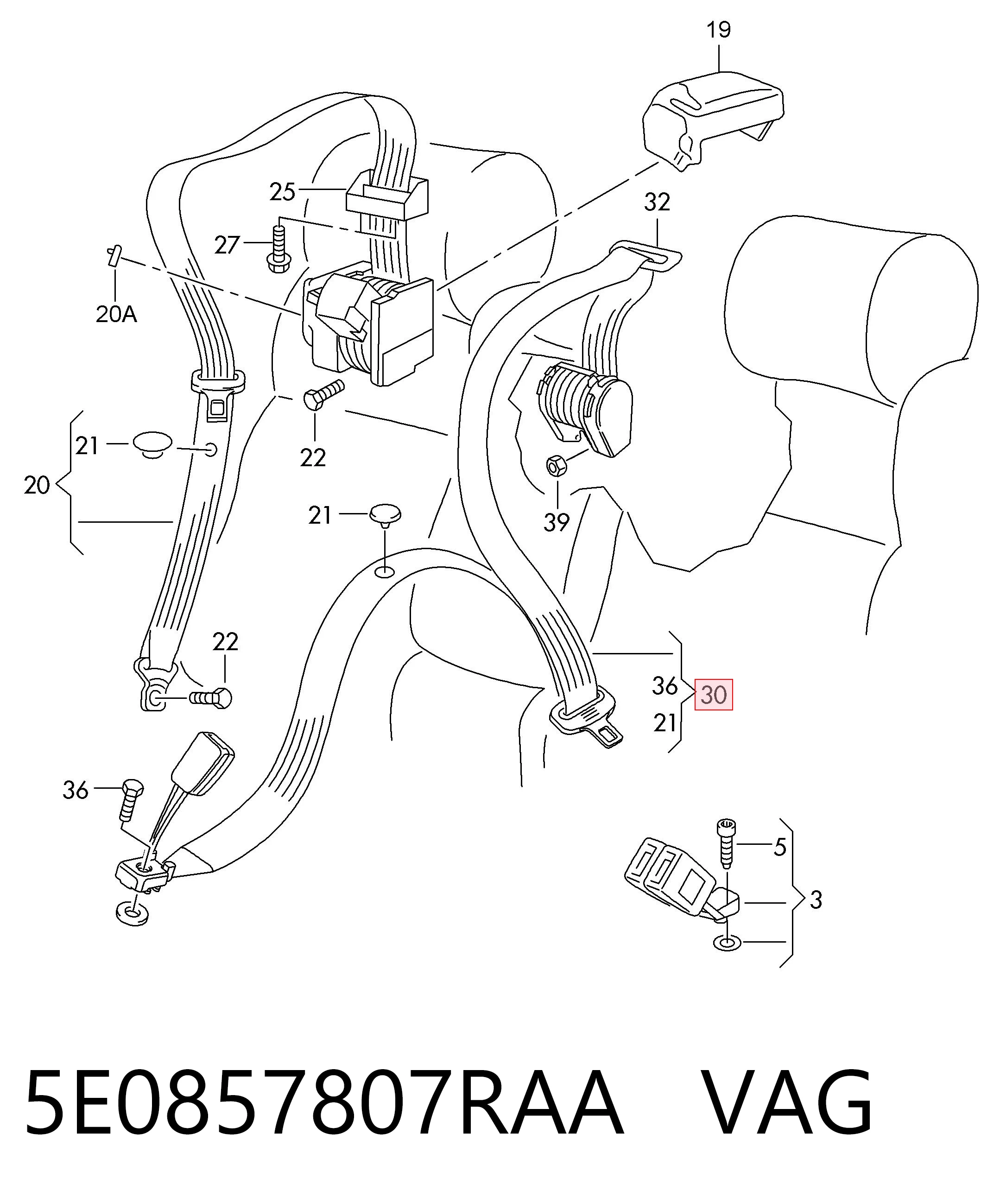 5E0857807RAA VAG Ремень безопасности задний