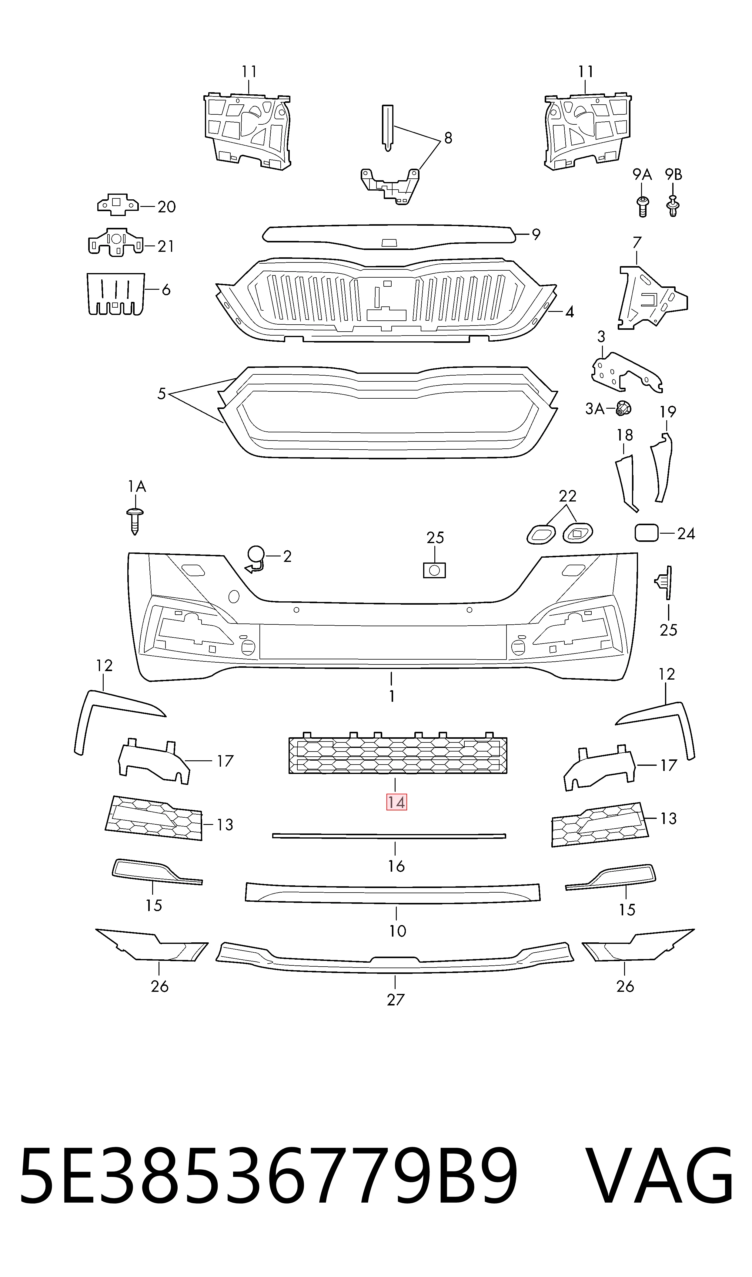 Центральная решетка переднего бампера на Skoda Octavia IV A8 NX3, NN3, PV3