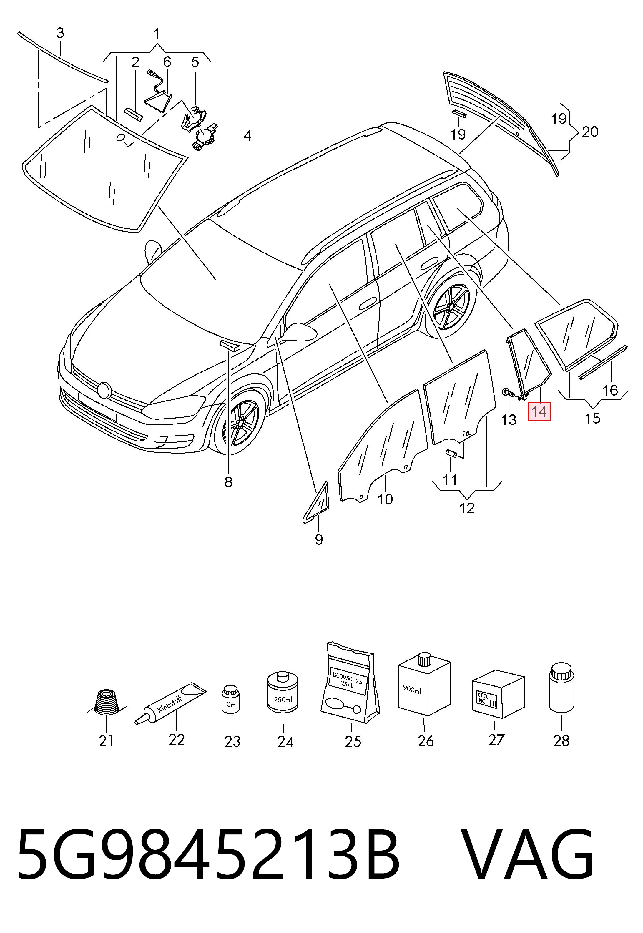 5G9845213B VAG Стекло-форточка двери, задней, левой