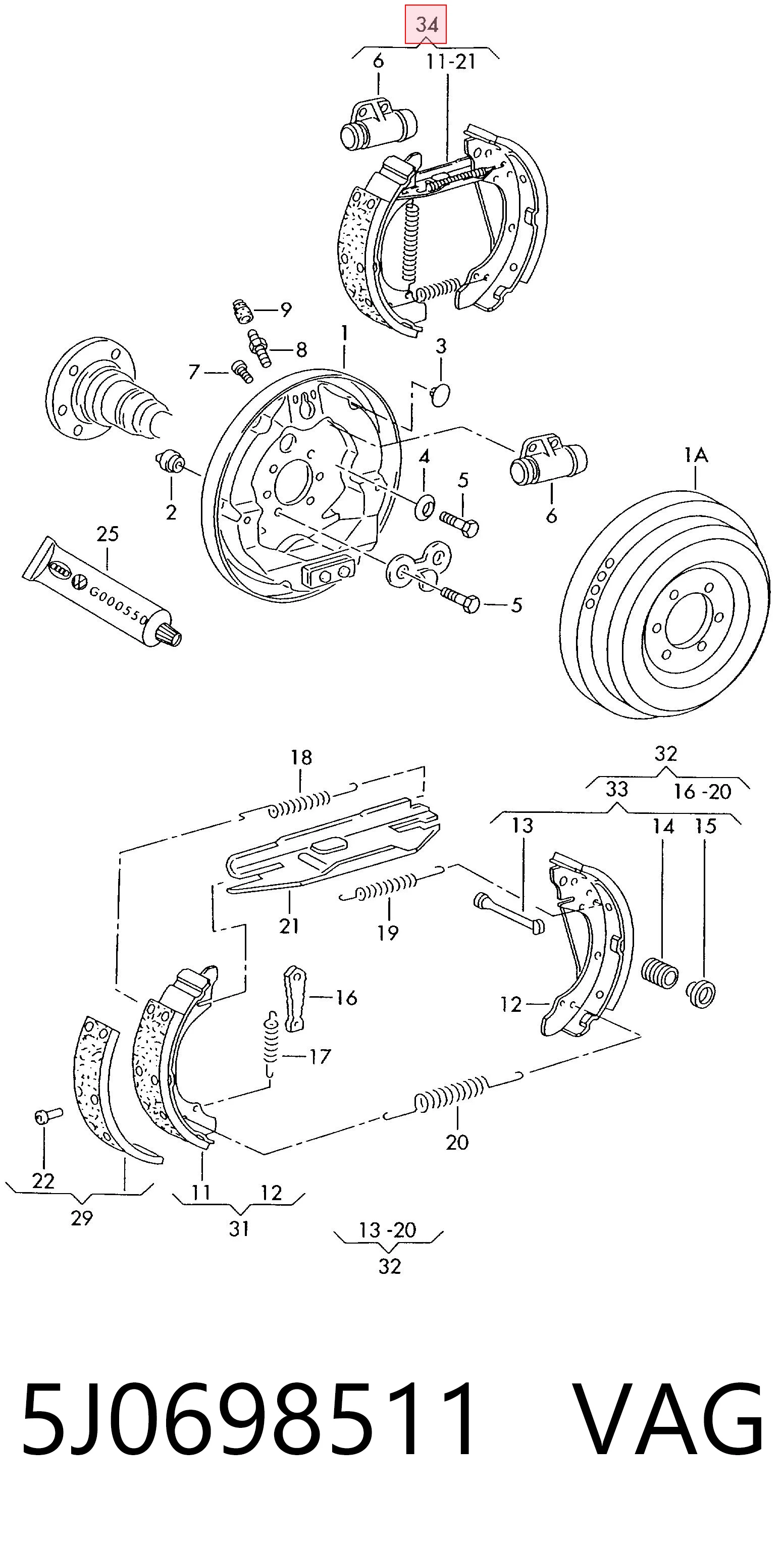 Колодки тормозные задние барабанные VAG 5J0698511