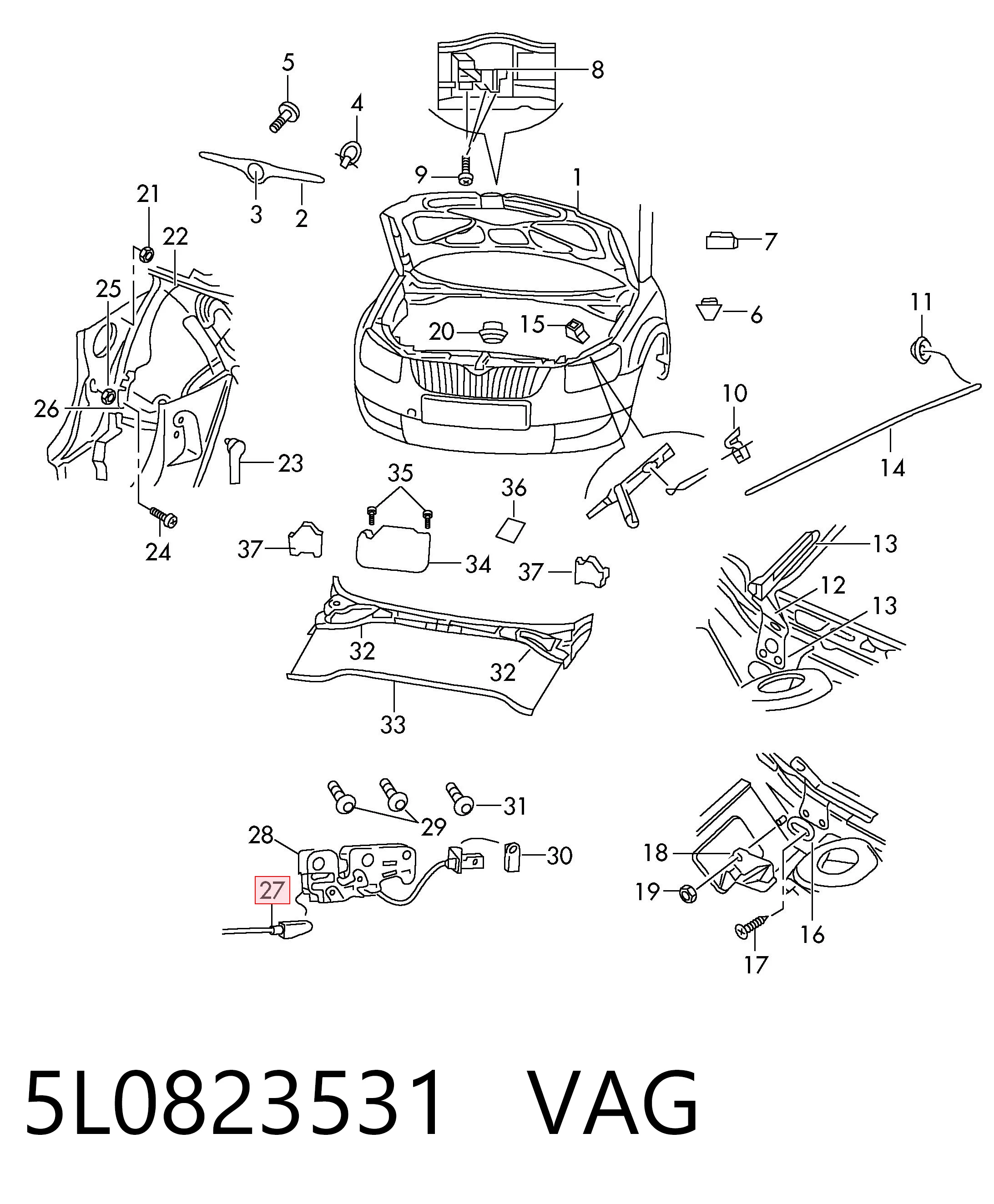 5L0823531 VAG Трос открывания капота передний