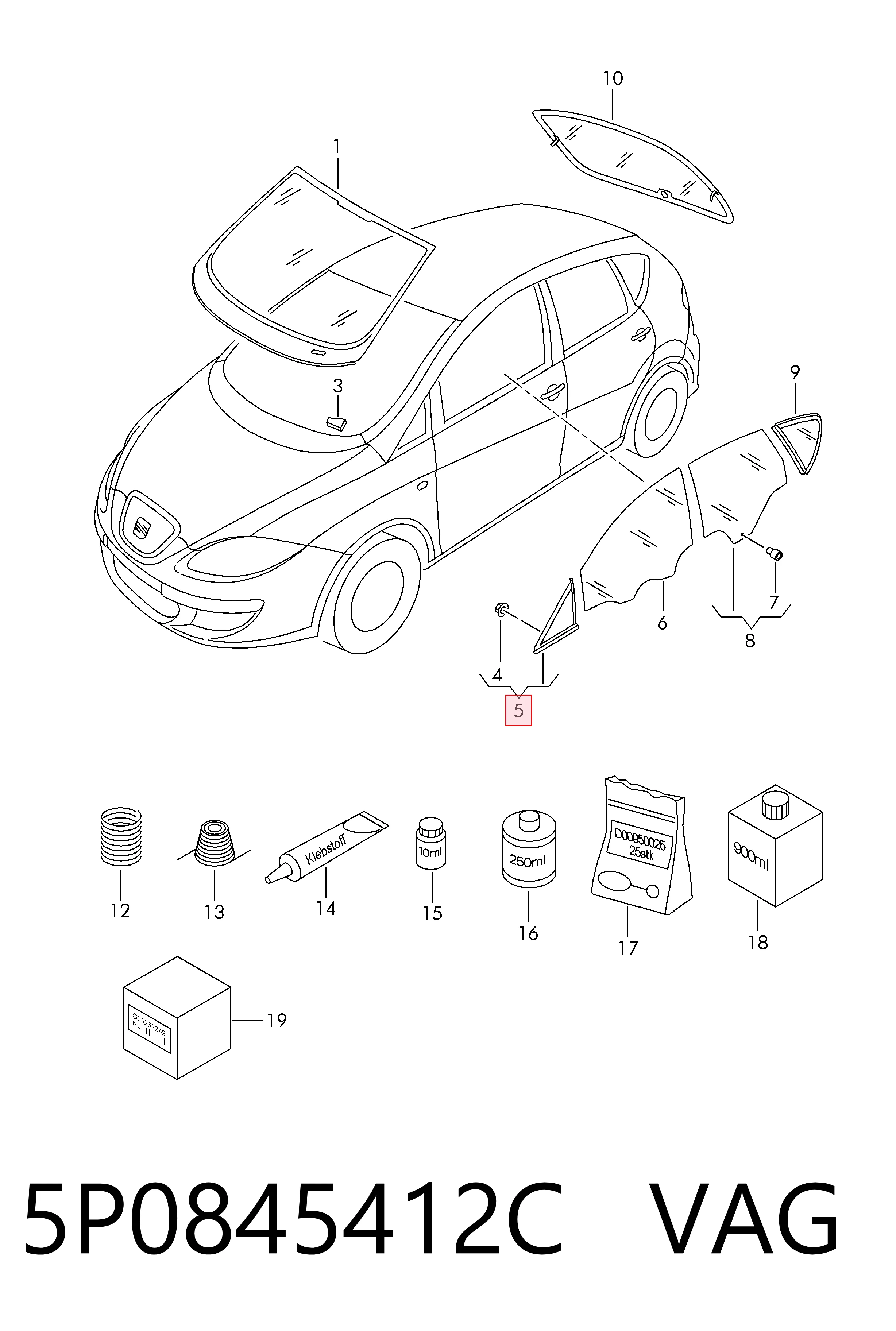 5P0845412C VAG Стекло треугольное двери передней правой