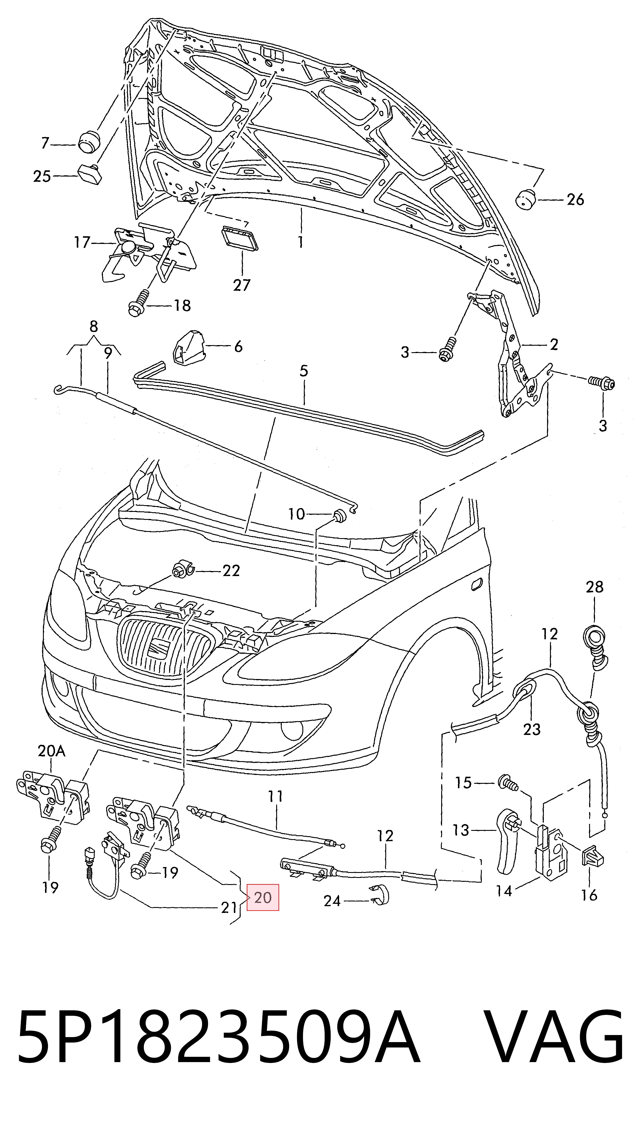 Запор капота (замок и привод замка капота) на Seat Toledo III 5P2