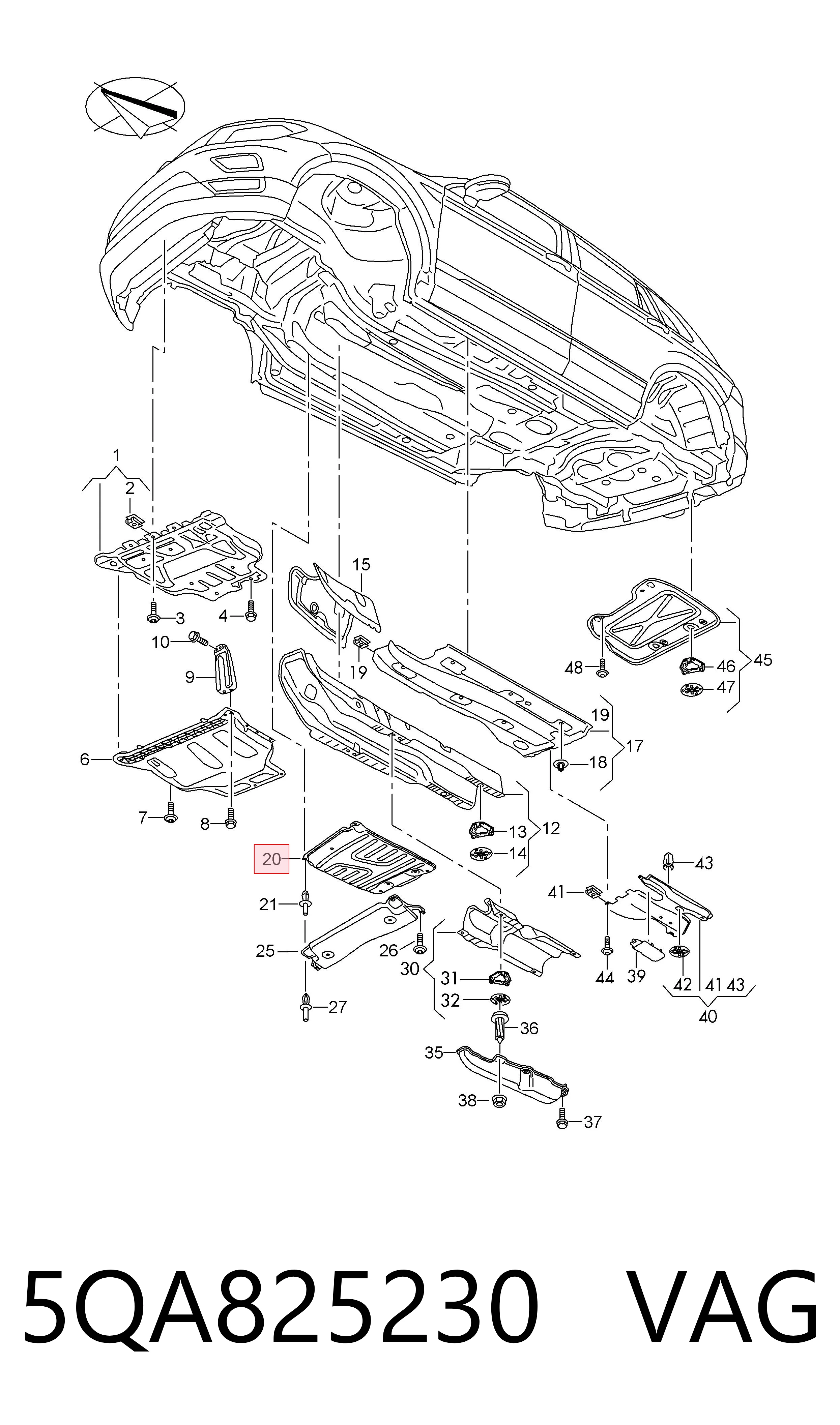 Защита днища передняя левая VAG 5QA825230 цена, от 11.29 USD
