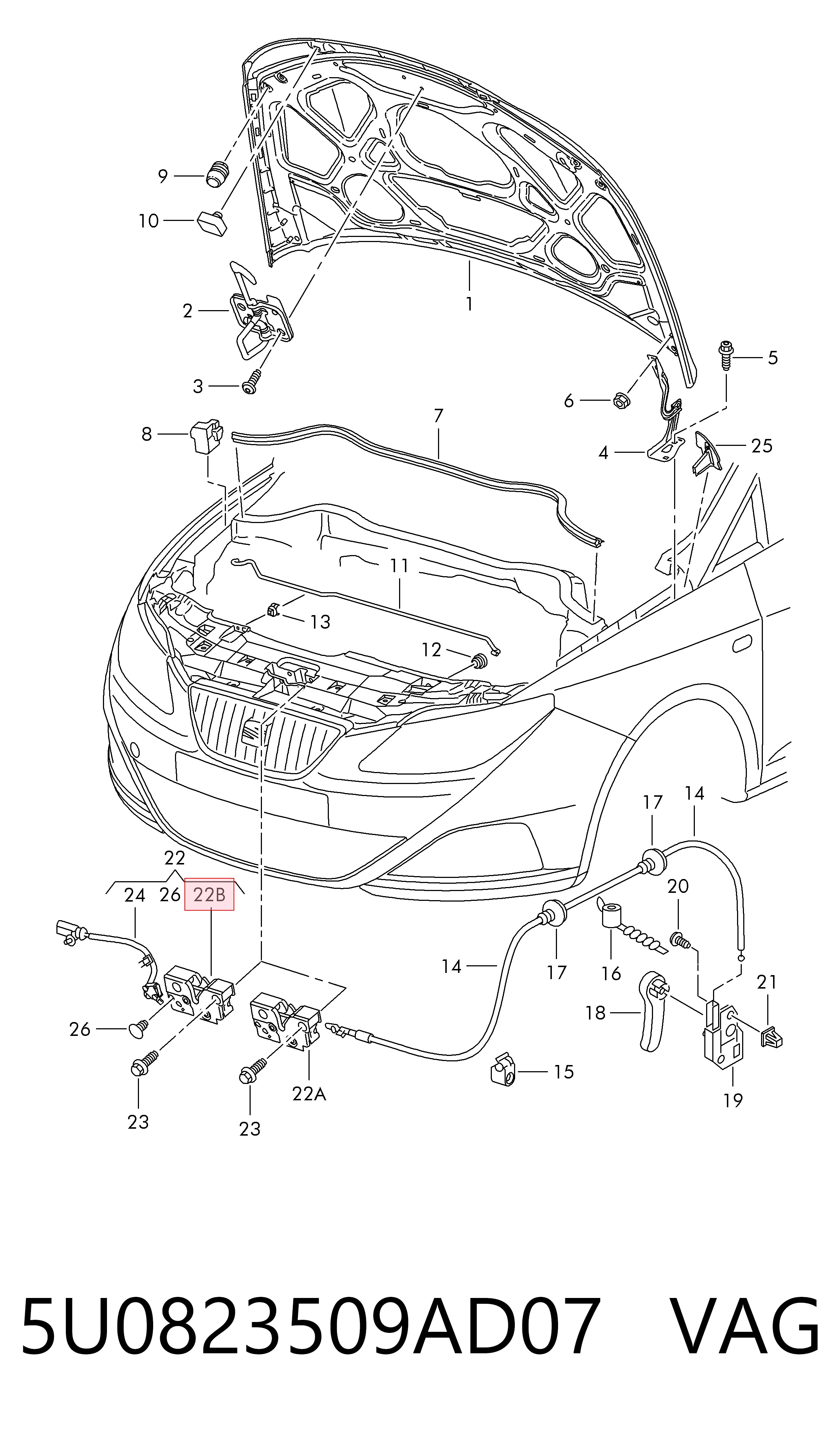 Запор капота (замок и привод замка капота) на Seat Ibiza IV 6J5, 6P1