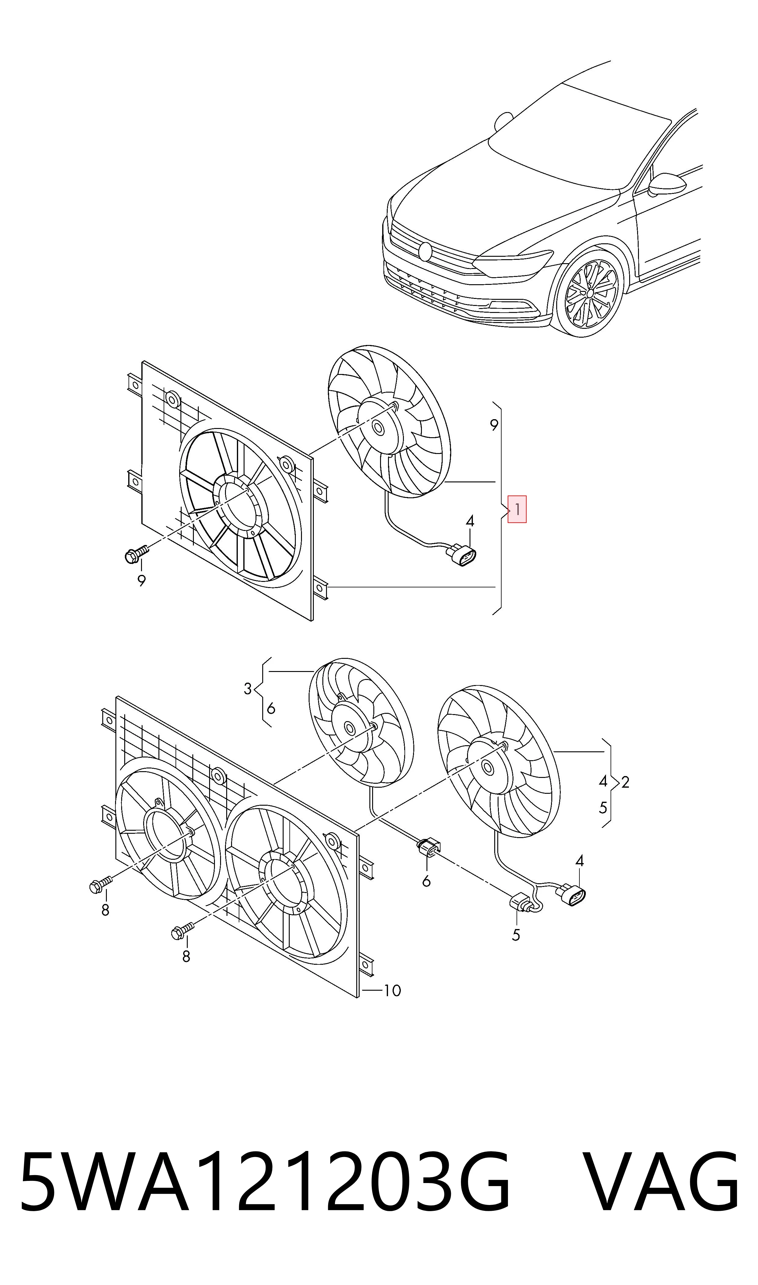 5WA121203G VAG Диффузор радиатора охлаждения в сборе с мотором