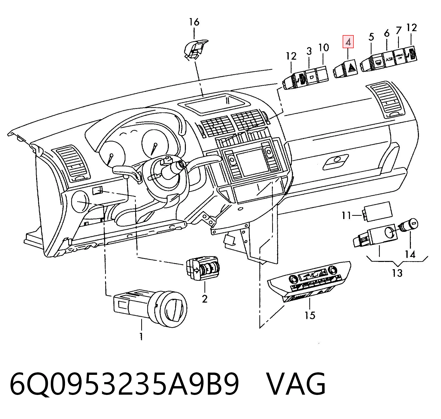 Кнопка аварийки 6Q0953235A9B9 VAG