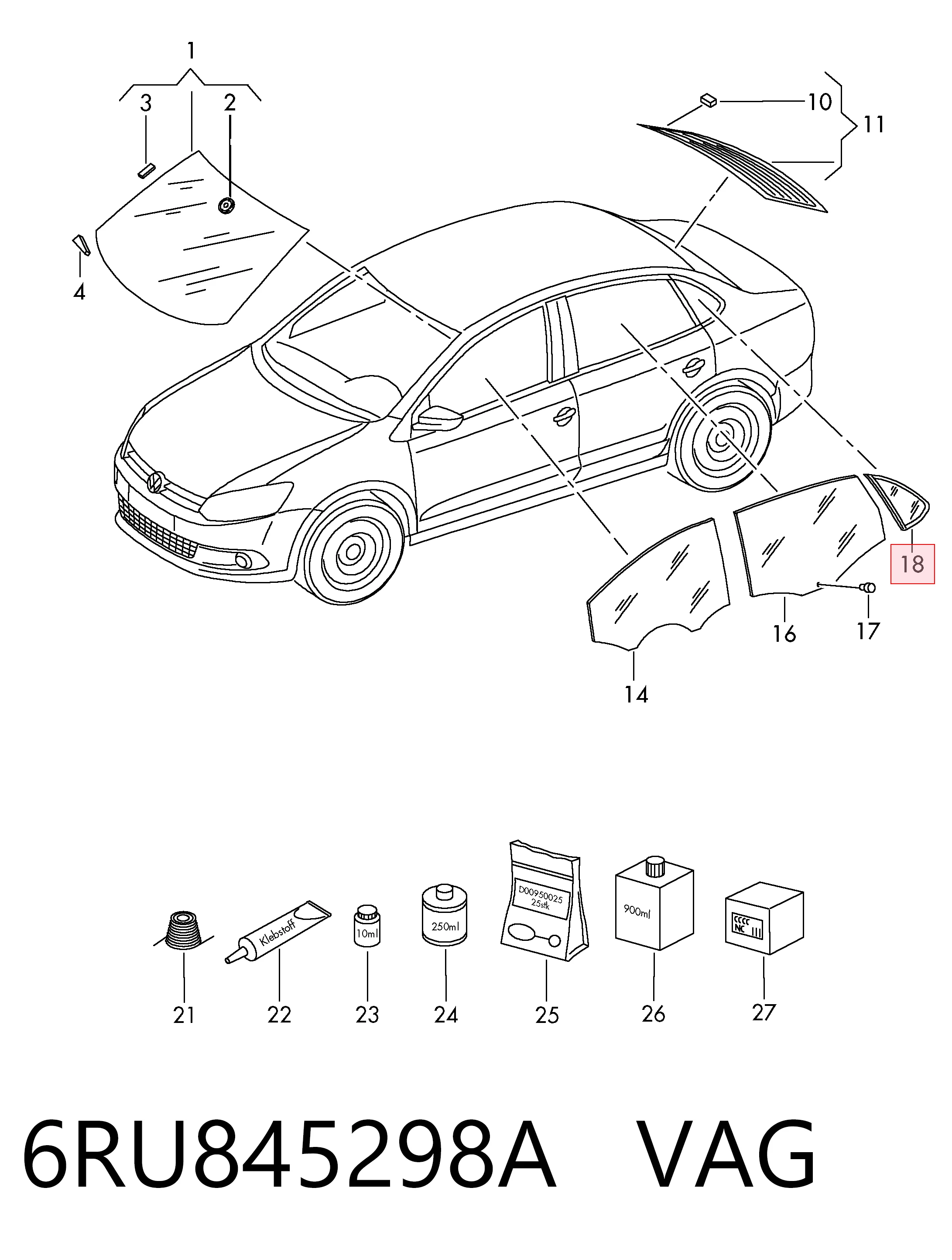 6RU845298A VAG Стекло багажного отсека, правое