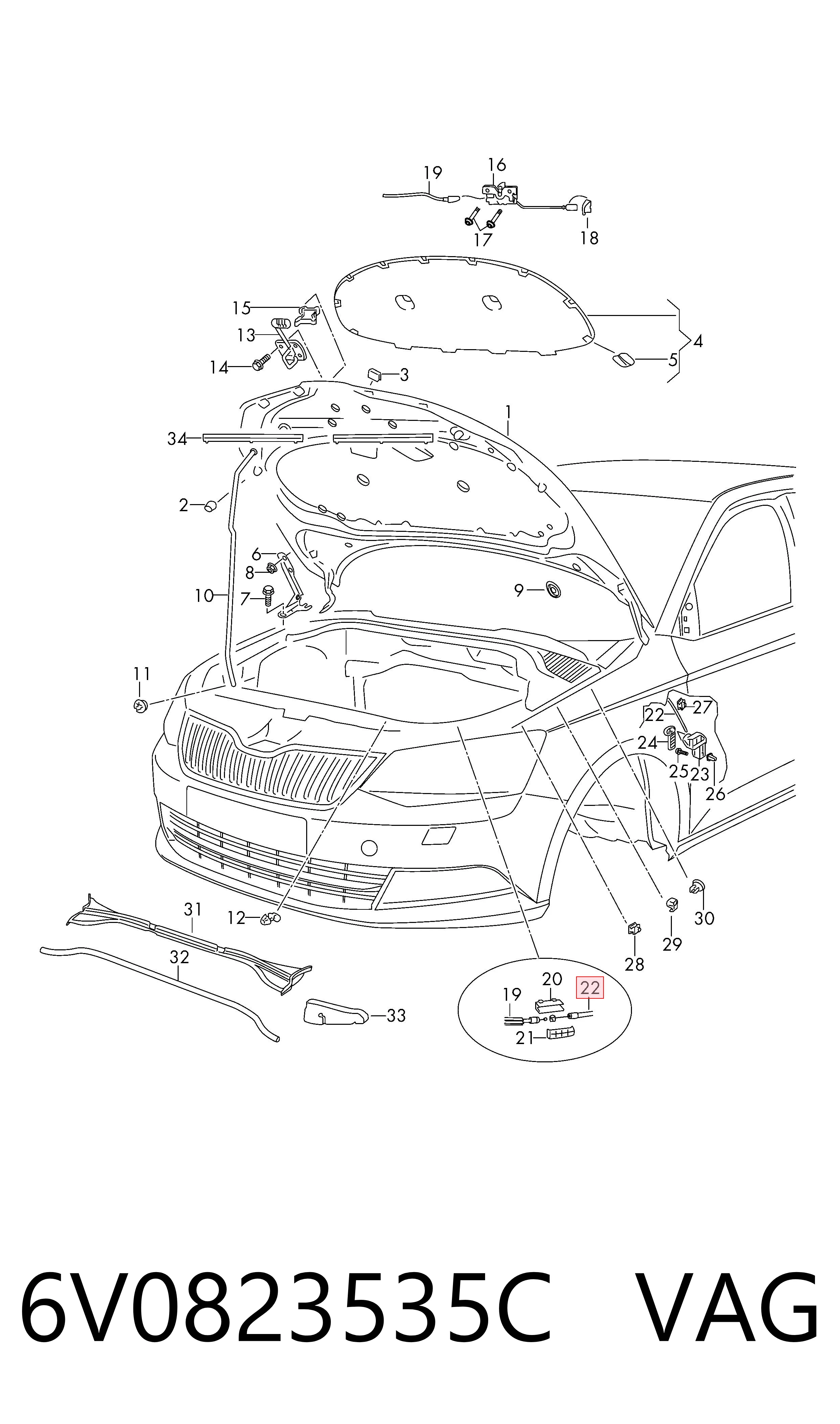 6V0823535C VAG Трос открывания капота задний