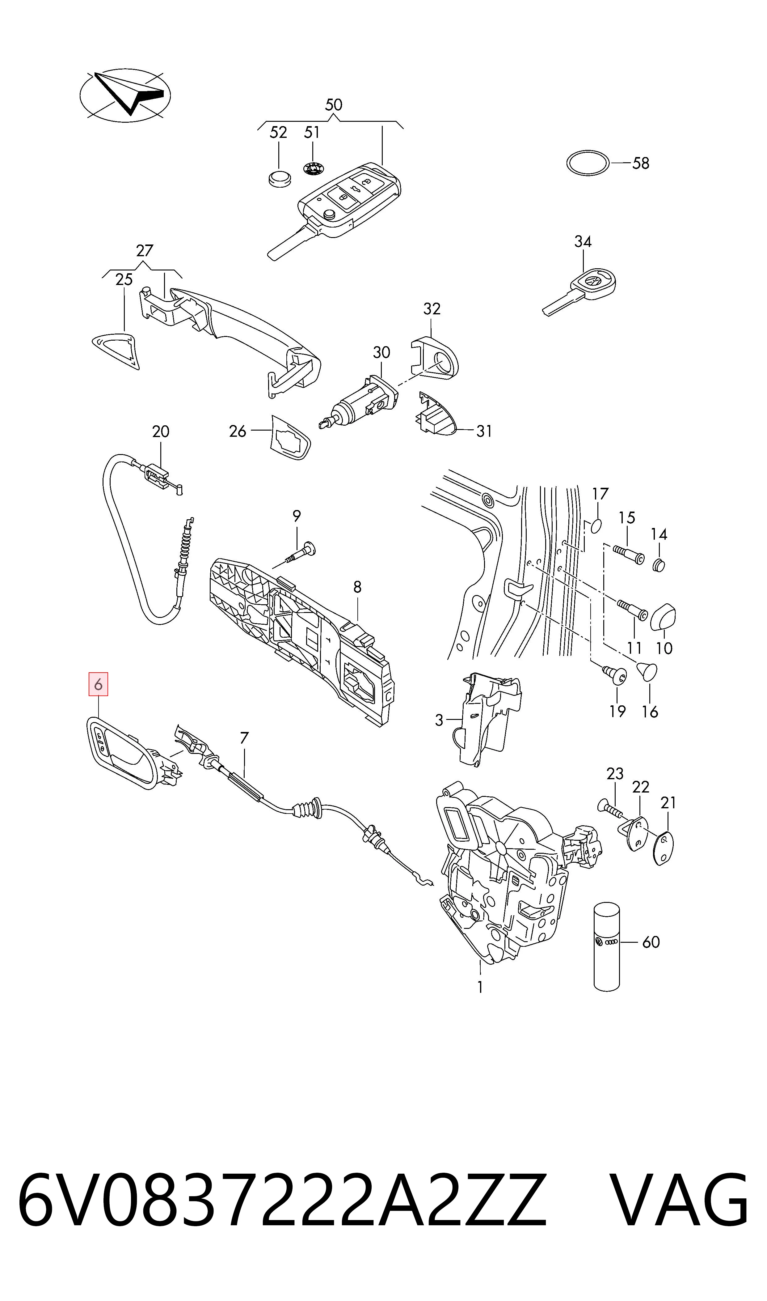 6V0837222A2ZZ VAG Ручка передней двери внутренняя, правая