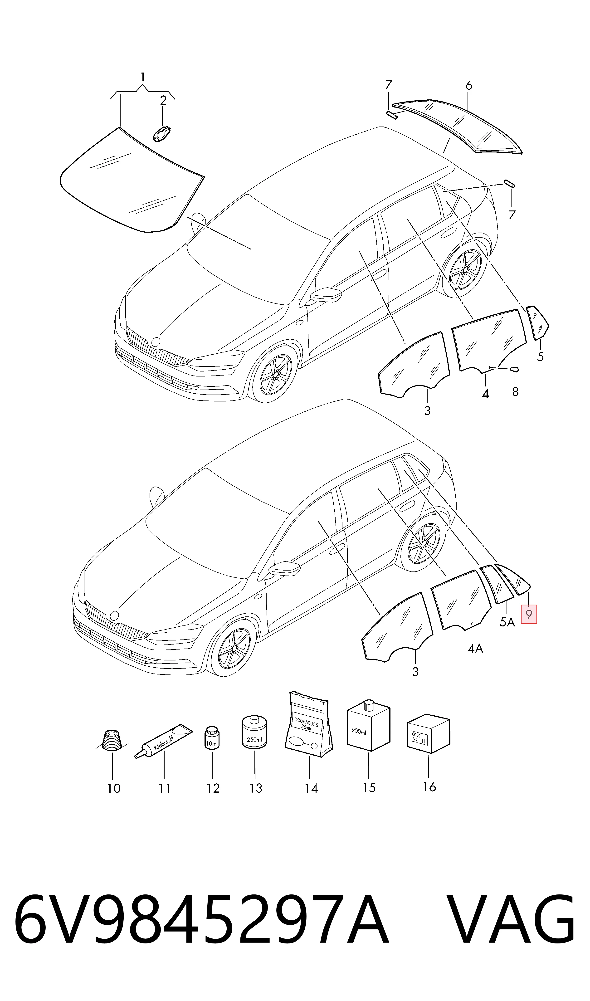 6V9845297A VAG Стекло кузова/багажного отсека, левое