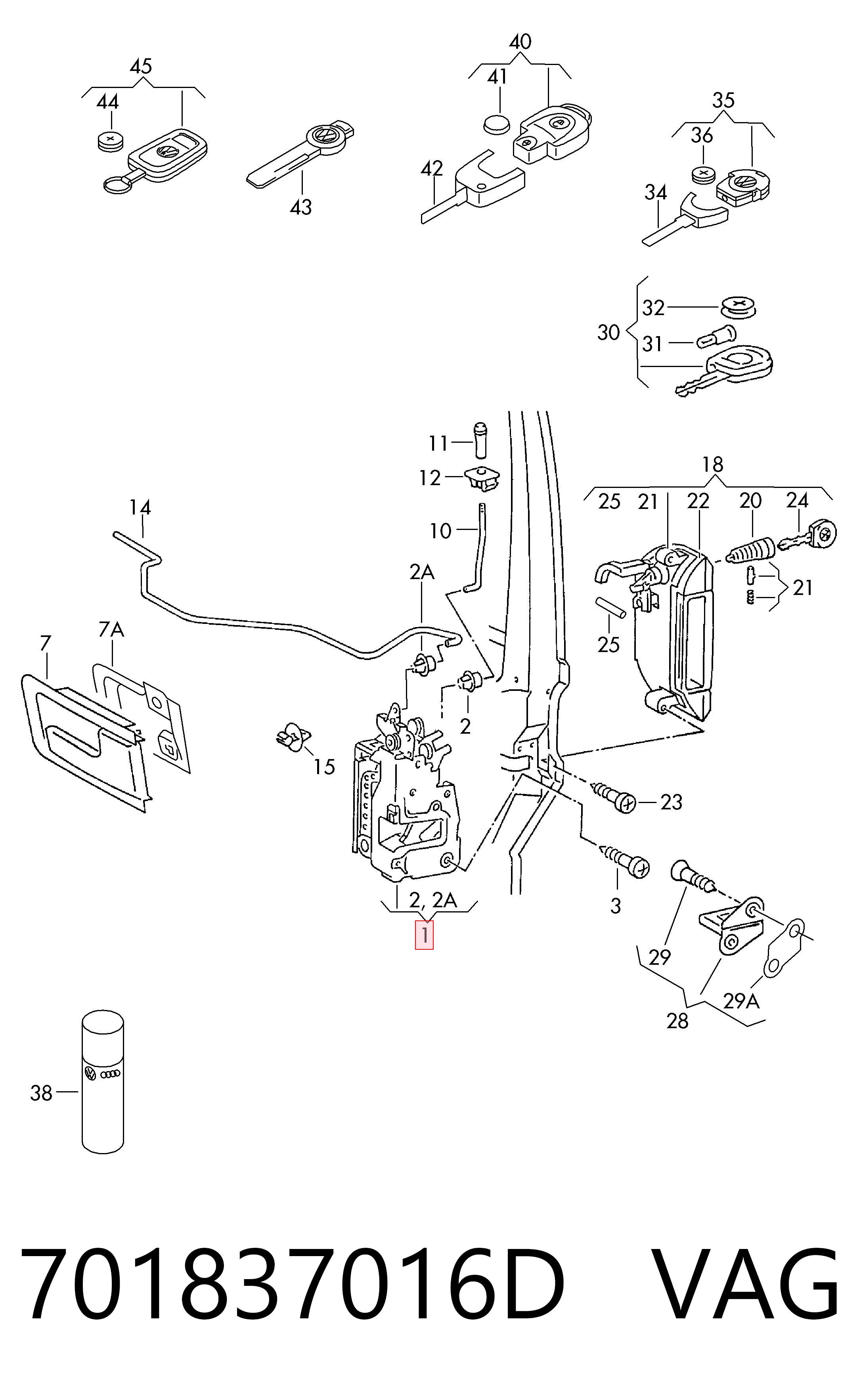 Внутренний дверной замок на Volkswagen Transporter T4 70B, 70C, 7DB, 7DK, 70J, 70K, 7DC, 7DJ