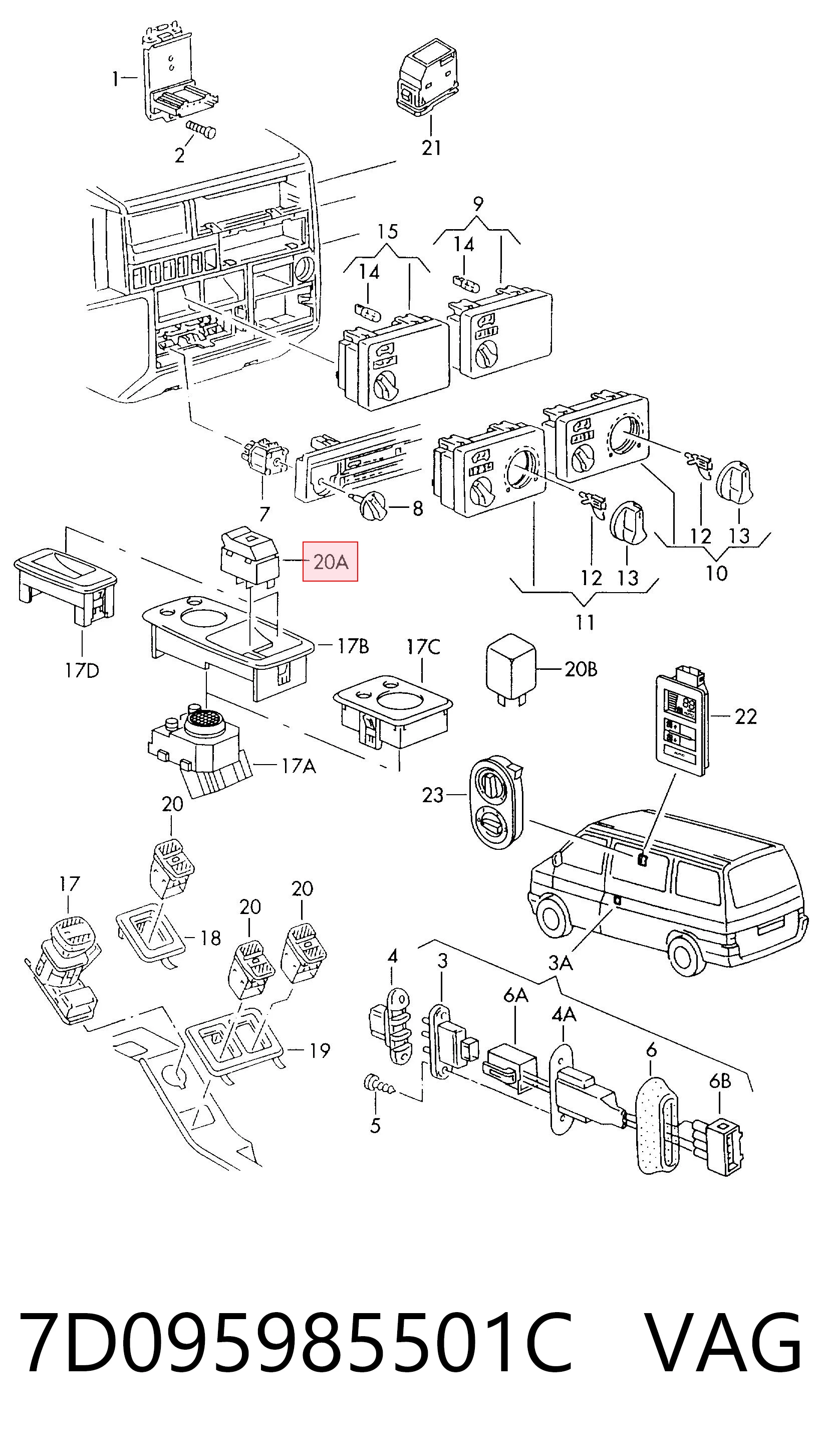 7D095985501C VAG Кнопки переднего левого стекло подъёмника